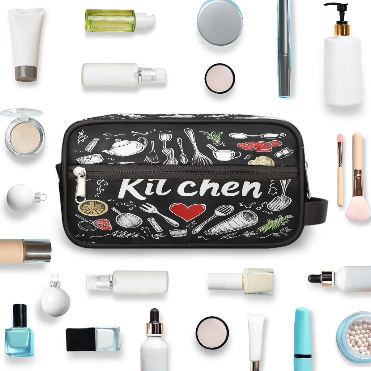 Chalk Style Kitchen Design Makeup Bag, Large Capacity Cosmetic Bags, Portable Travel Toiletry Bag Makeup Organizer Bag with Handle for Women Men