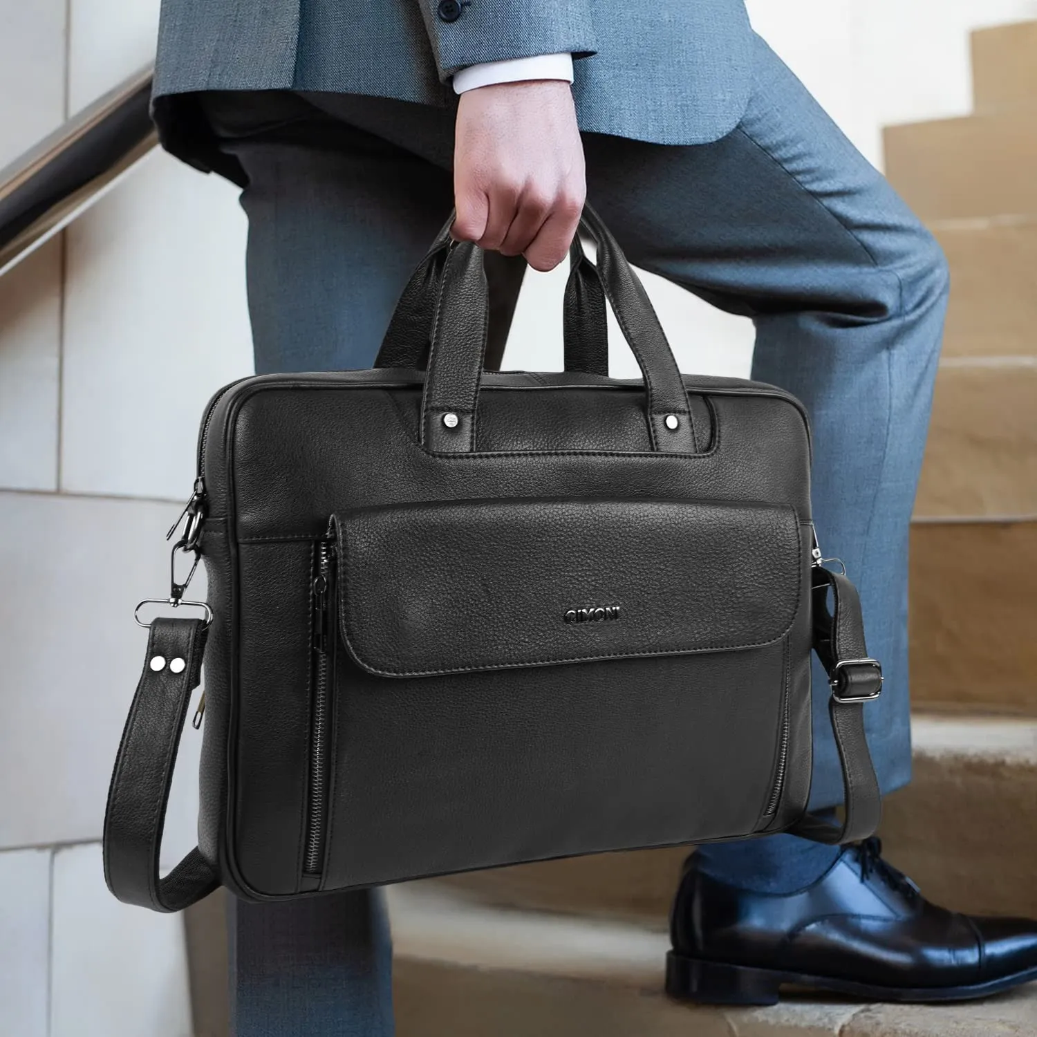 CIMONI Genuine Leather Classic Top Handle Water Resistant Messenger Laptop Bag (Color - Black)