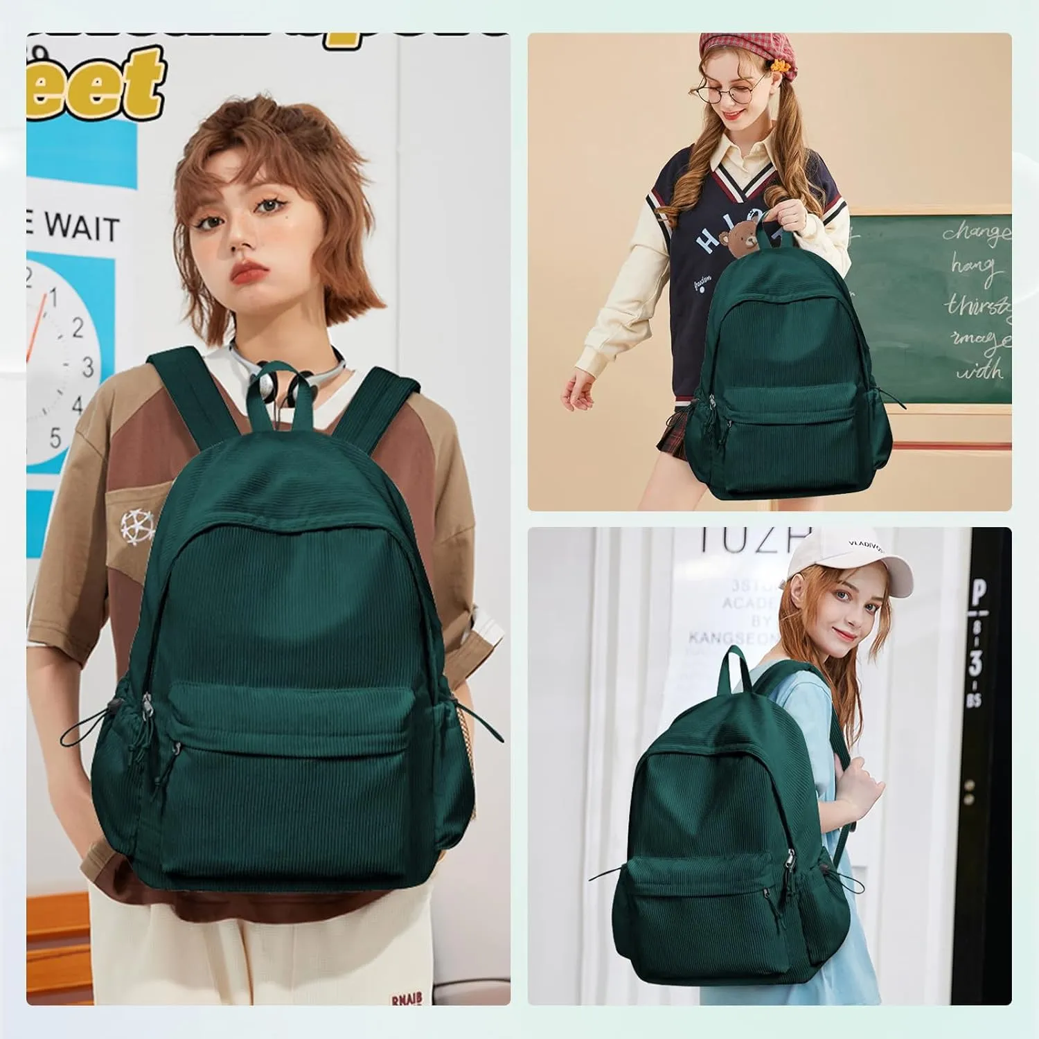 Corduroy Backpack for Women Men Cute College Backapck Aesthetic Backpack Preppy Backpacks Laptop Bags Women Commuter Back Pack Travel Backapck Casual Work Daypack Rucksack Peacock Blue