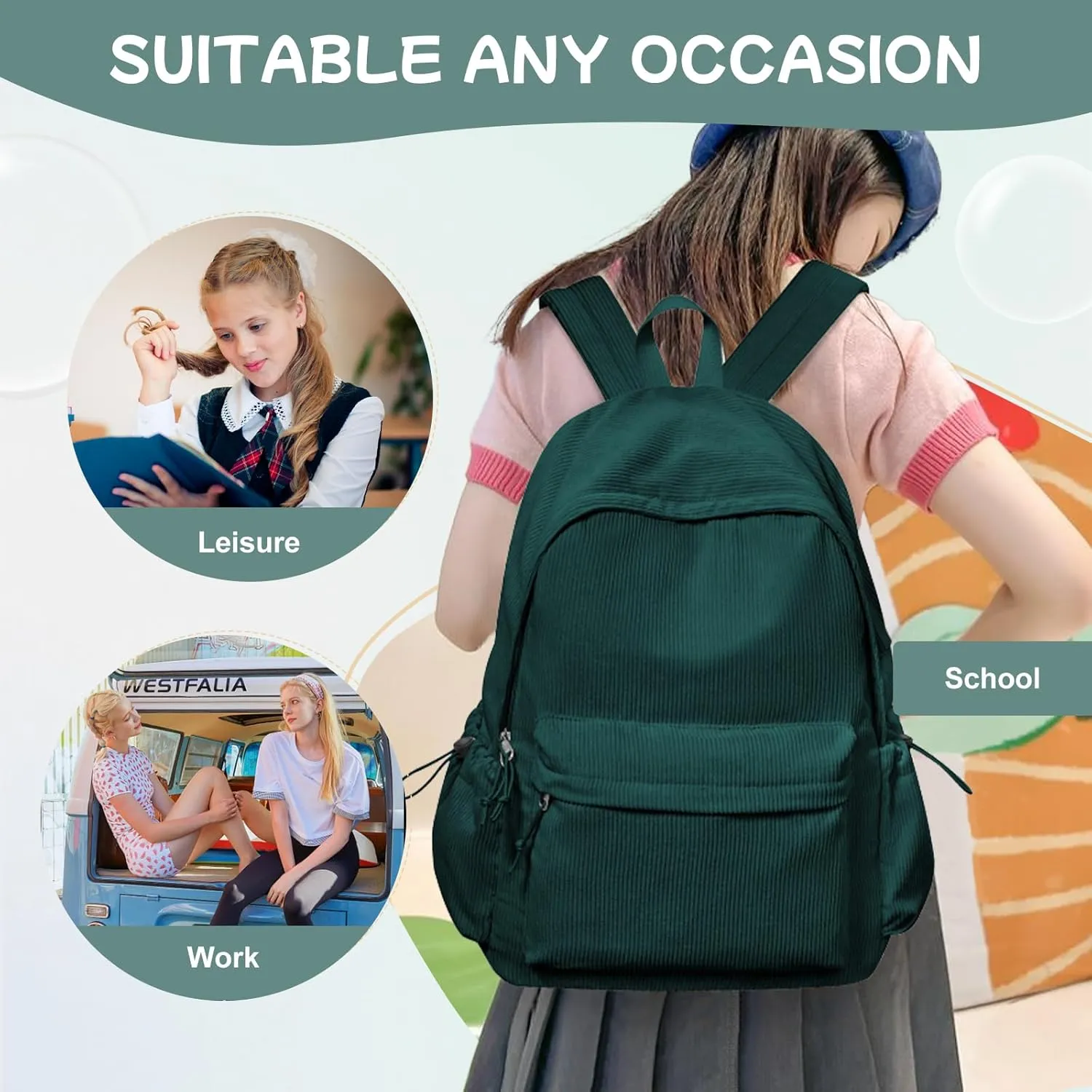 Corduroy Backpack for Women Men Cute College Backapck Aesthetic Backpack Preppy Backpacks Laptop Bags Women Commuter Back Pack Travel Backapck Casual Work Daypack Rucksack Peacock Blue