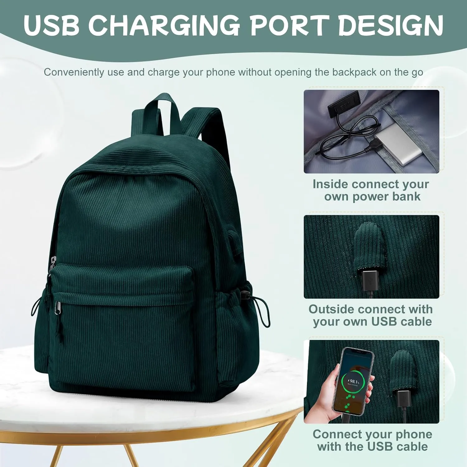 Corduroy Backpack for Women Men Cute College Backapck Aesthetic Backpack Preppy Backpacks Laptop Bags Women Commuter Back Pack Travel Backapck Casual Work Daypack Rucksack Peacock Blue