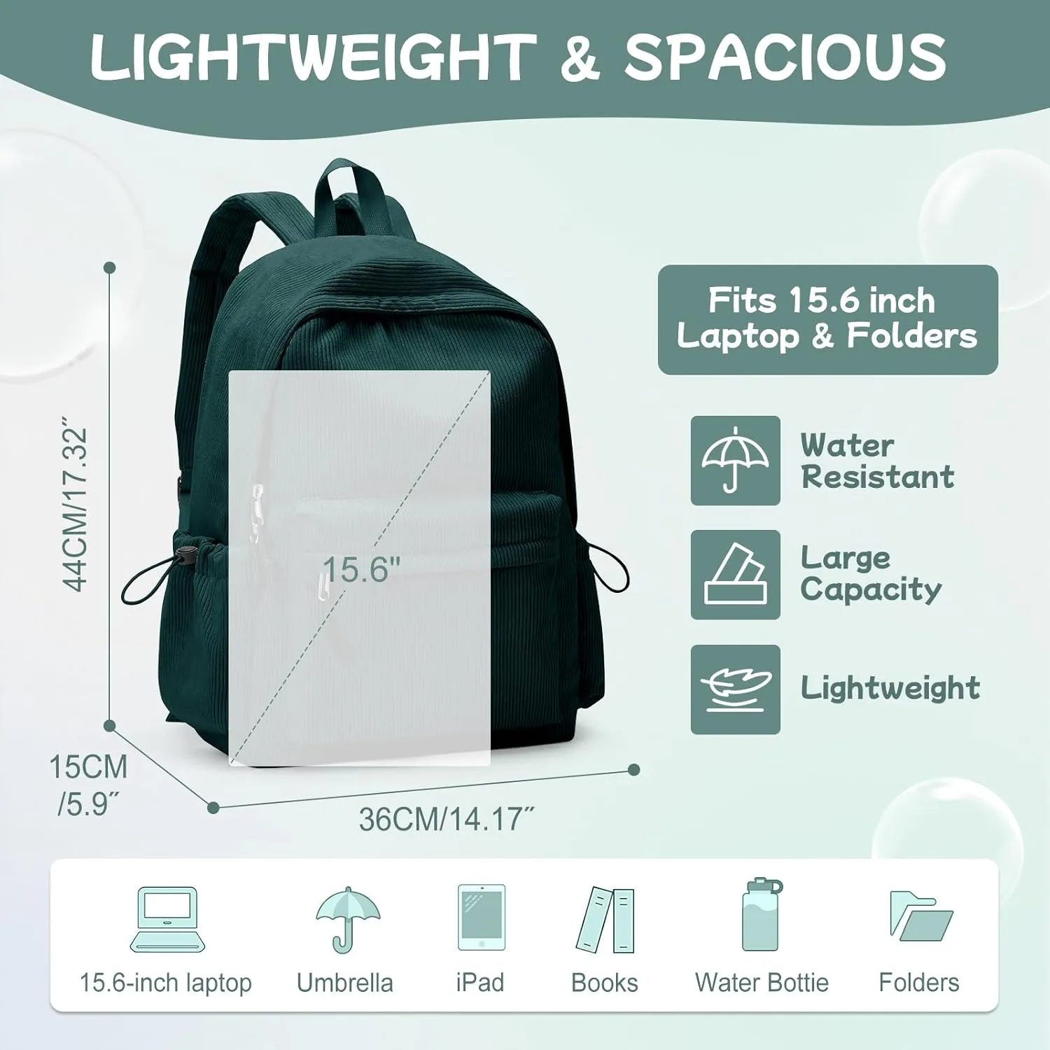 Corduroy Backpack for Women Men Cute College Backapck Aesthetic Backpack Preppy Backpacks Laptop Bags Women Commuter Back Pack Travel Backapck Casual Work Daypack Rucksack Peacock Blue