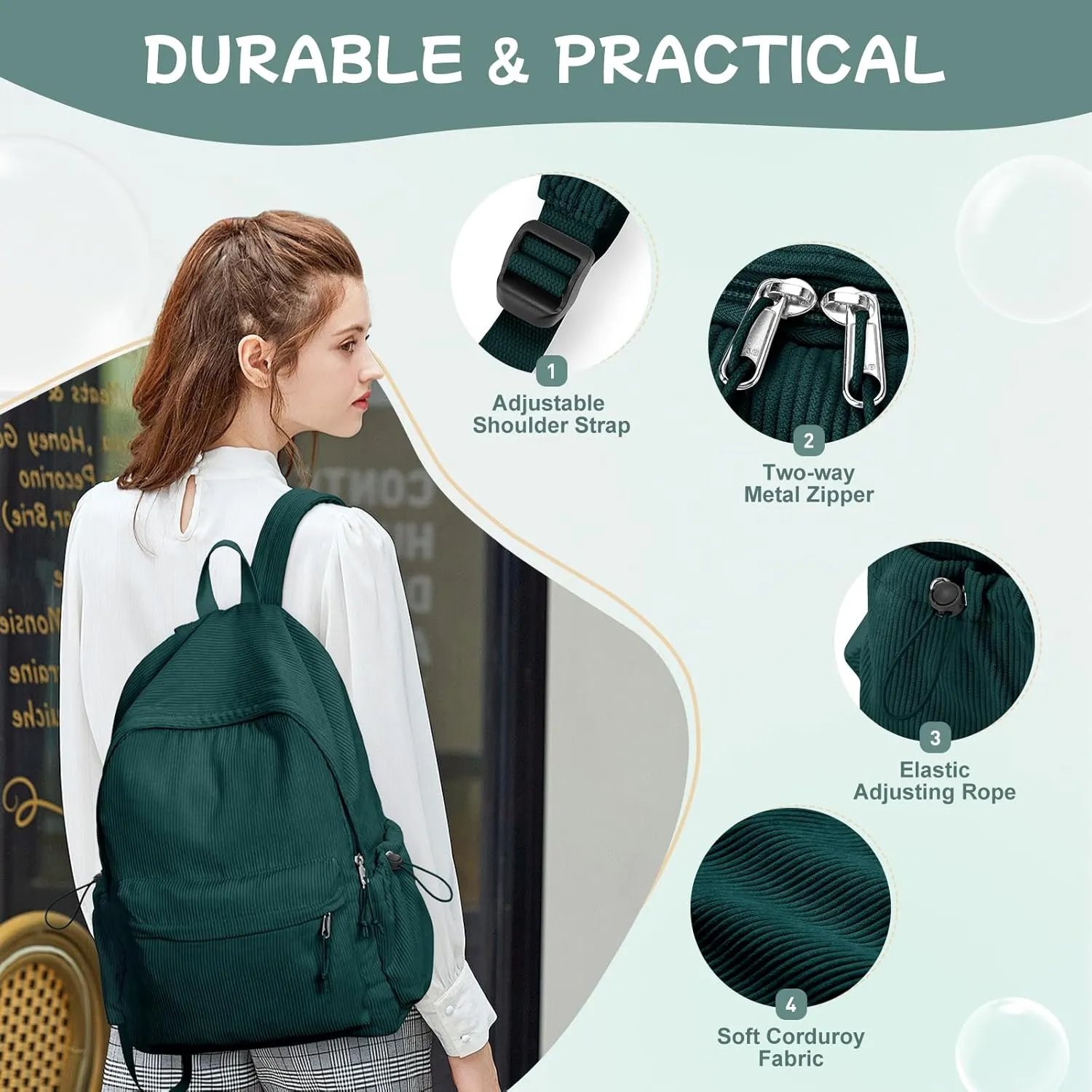 Corduroy Backpack for Women Men Cute College Backapck Aesthetic Backpack Preppy Backpacks Laptop Bags Women Commuter Back Pack Travel Backapck Casual Work Daypack Rucksack Peacock Blue