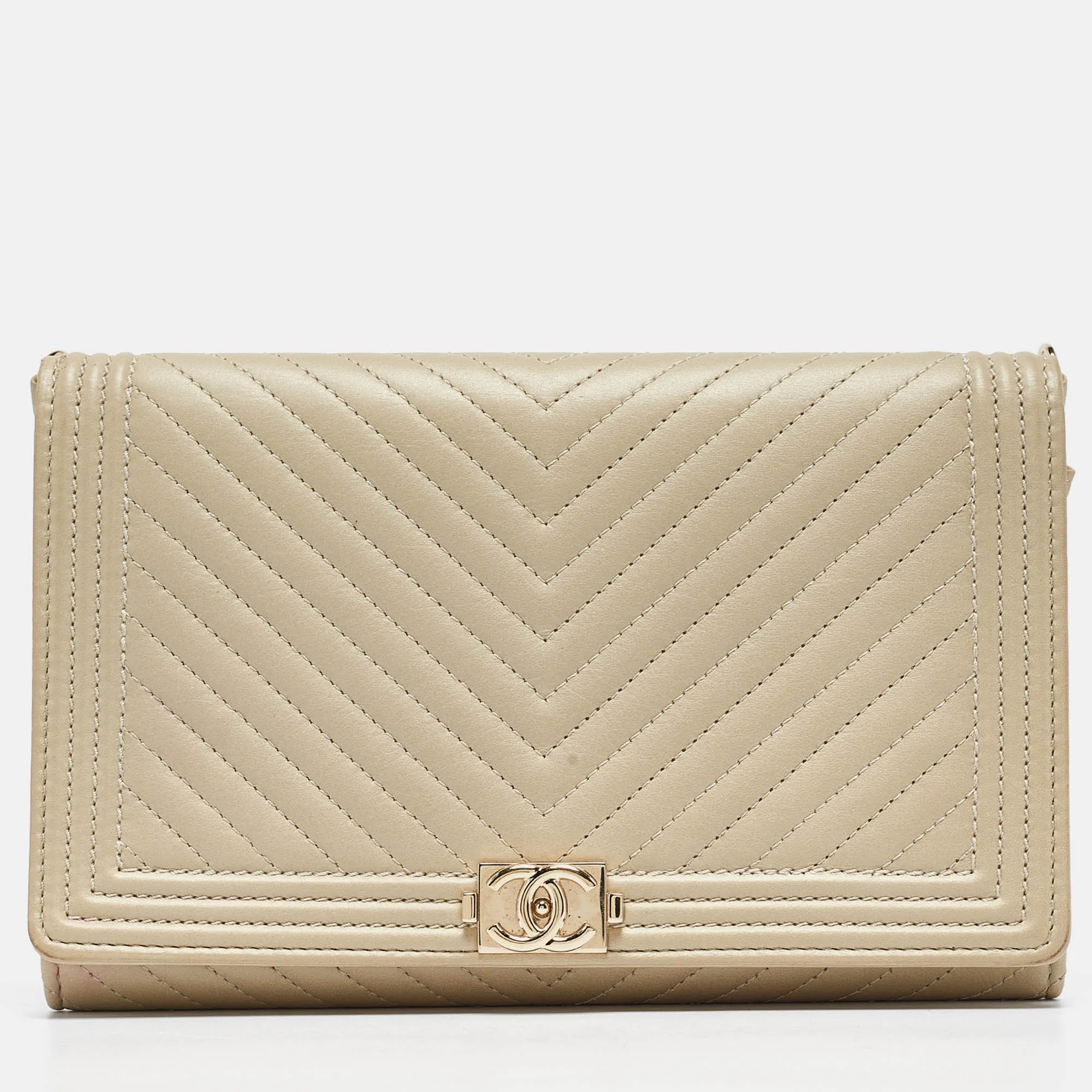 Cream Quilted Leather Boy Wallet On Chain