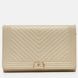 Cream Quilted Leather Boy Wallet On Chain