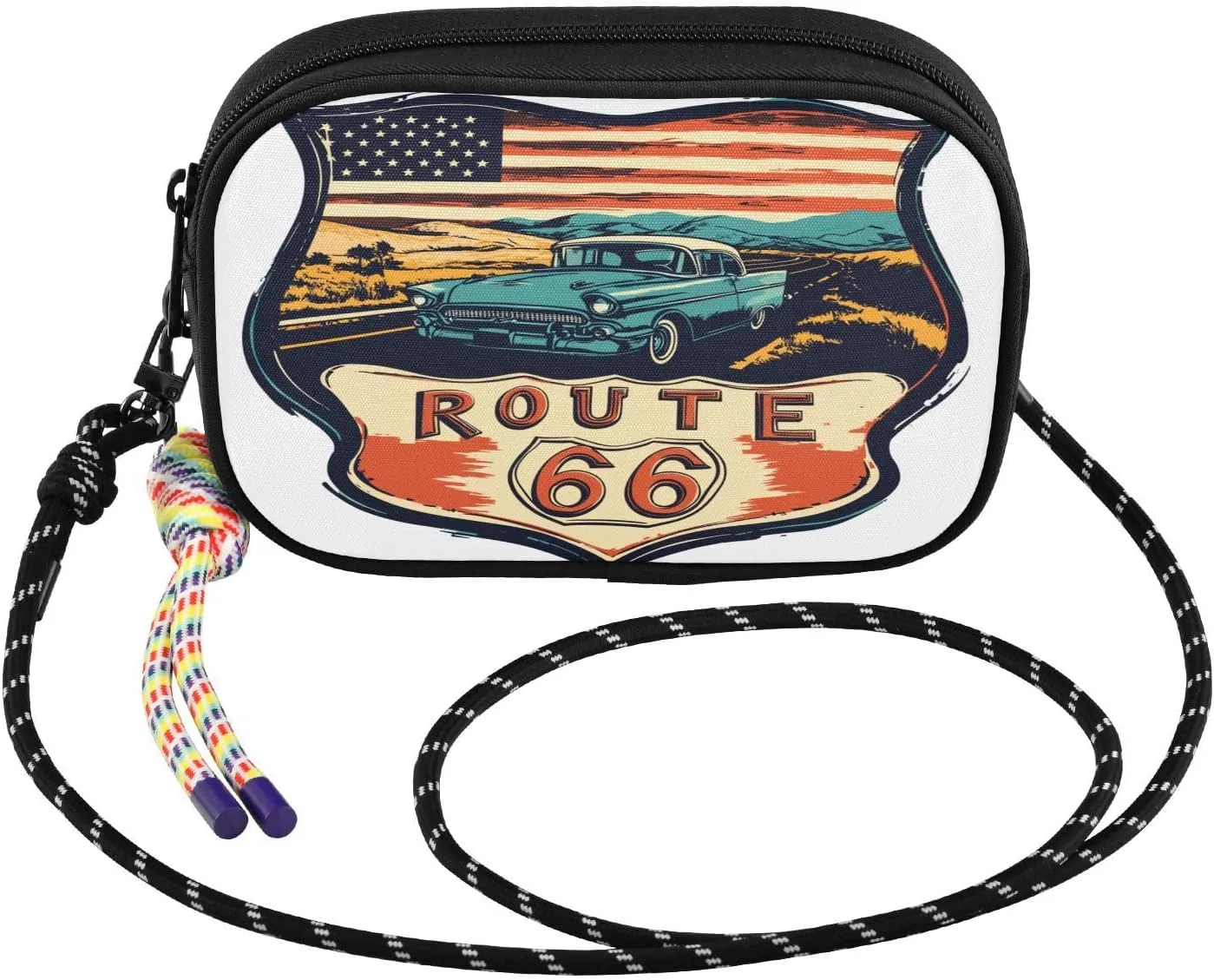 Cross Body Bag Route 66 American Flag Shoulder Handbag with Adjustable Strap and Inner Pocket Fanny Pack Small Sling Backpack Hobo Purse for Women Men Travel Work