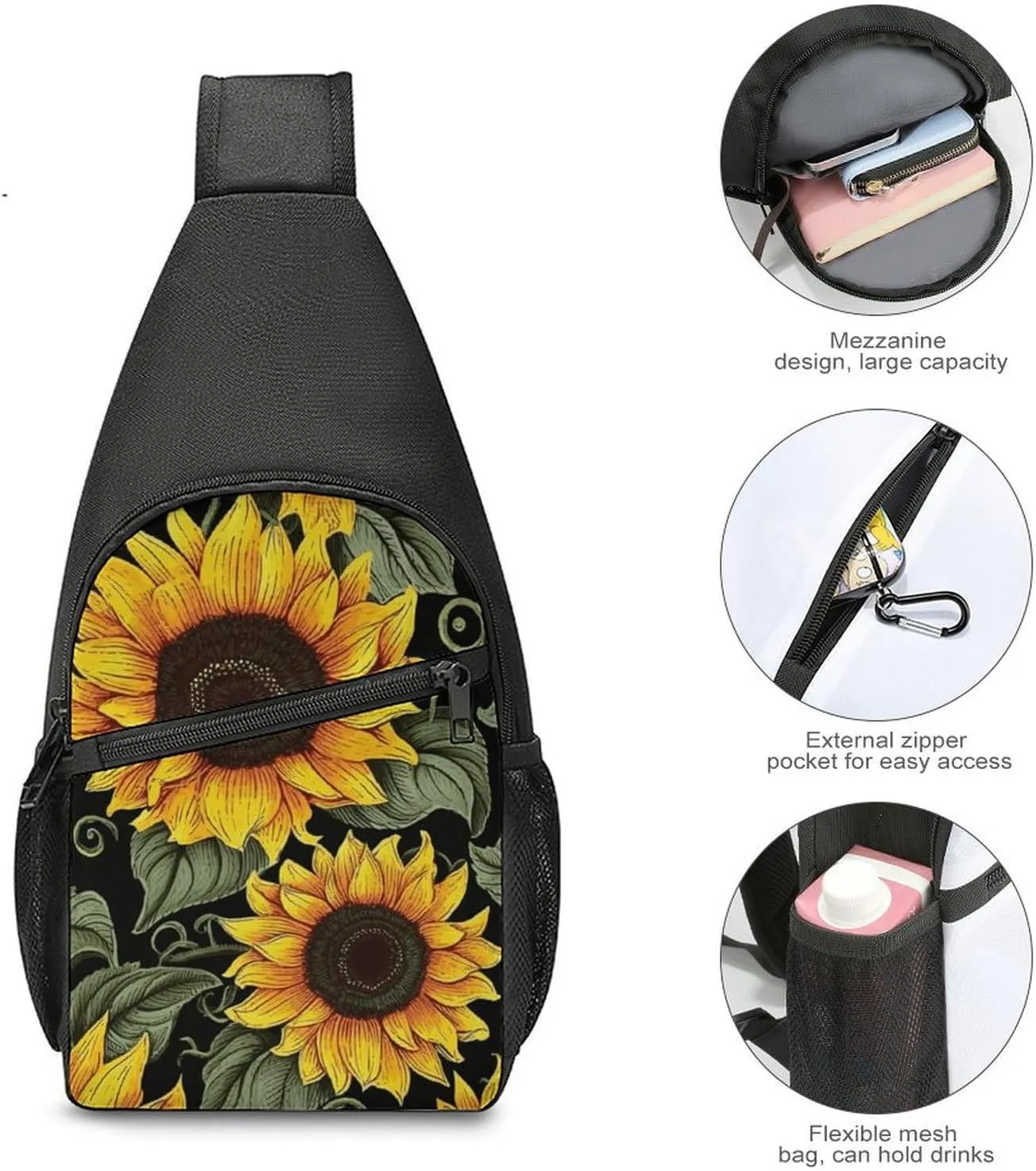 Crossbody Bag for Women Men Sling Bag Floral Swan Chest Bag Crossbody Adjustable Shoulder Bag