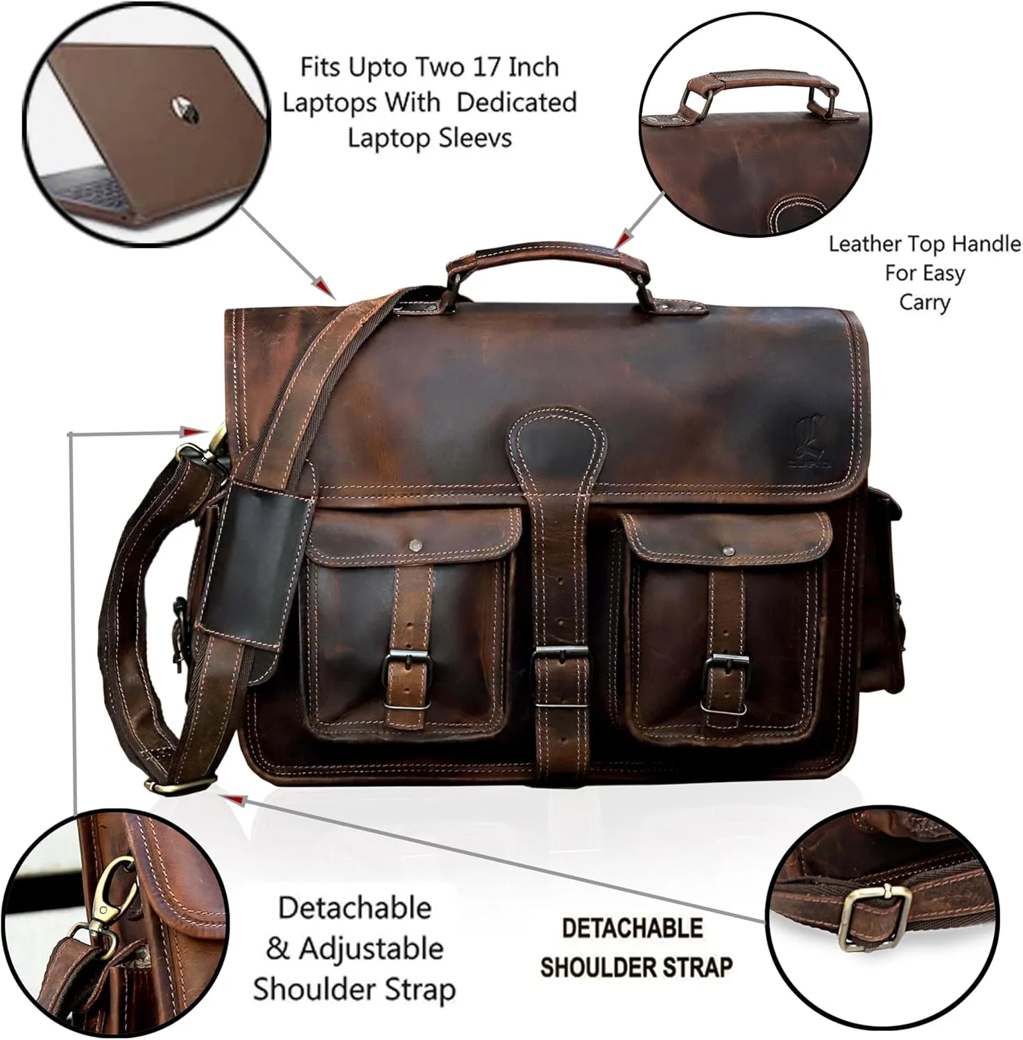 cuero Leather Briefcase Work Bag for Men Women Dark Brown Crossbody Genuine Leather Satchel Office Bag for Men Women 18 Inch Computer Travel Messenger Laptop Shoulder Bag Cureo