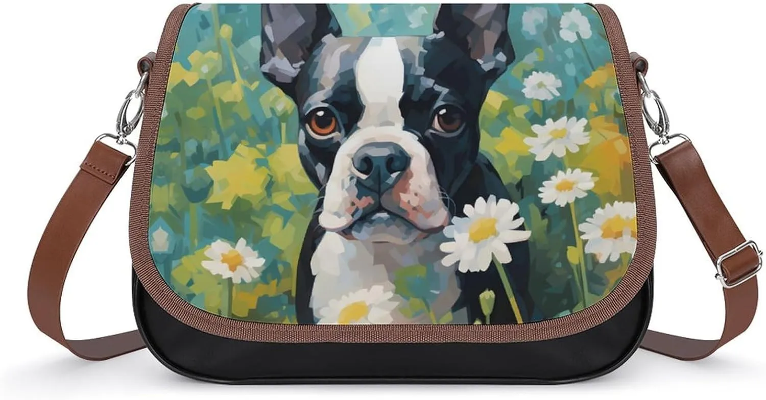 Cute Boston Terrier Dog Watercolor Women's Crossbody Bags PU Leather Bag Handbags Mini Shoulder Bag Messenger Bag