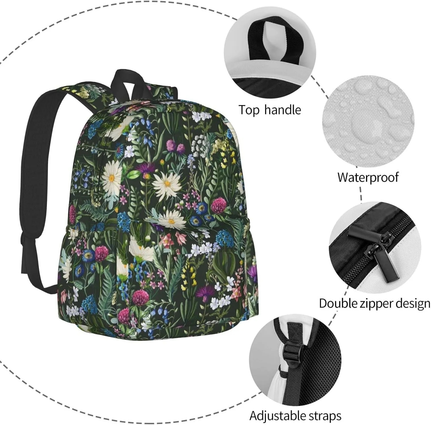 Daisies Wildwood Floral Stylish Backpack With Adjustable Padded Shoulder Straps Daypacks For College Travel