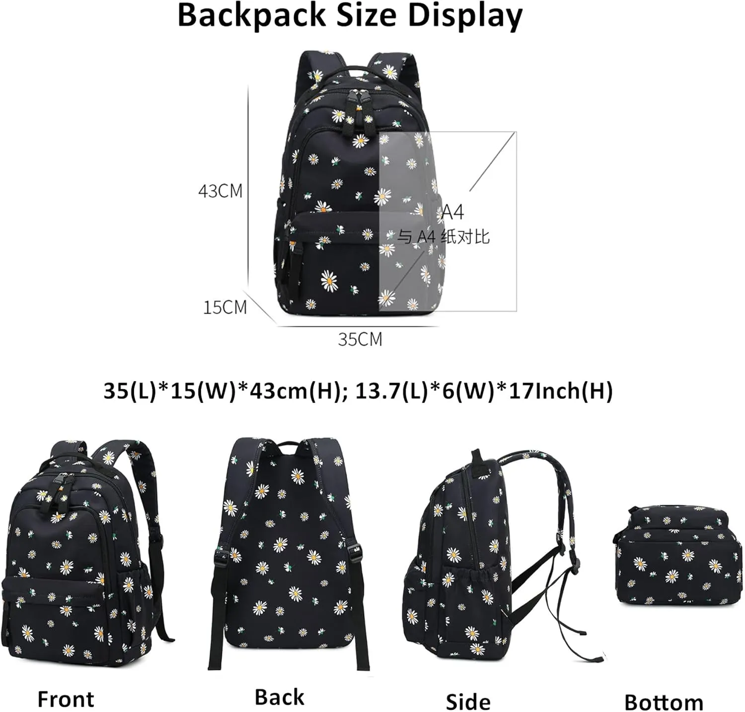 Daisy Prints Backpack for Girls Middle School Bookbag Elementary School Bags for Teens