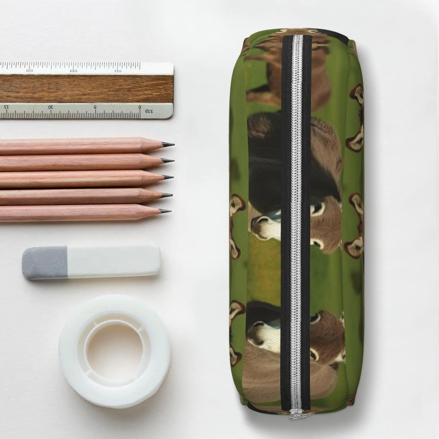 Donkey on green meadow Pencil Case Large Capacity Pencil Pouch Aesthetic Pen Bag Leather Makeup Bag for Women Men Travel Toiletry Bags Zipper Cosmetic Bag Wide-open Coin Pouch Purse