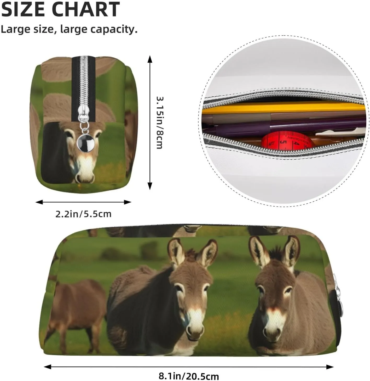 Donkey on green meadow Pencil Case Large Capacity Pencil Pouch Aesthetic Pen Bag Leather Makeup Bag for Women Men Travel Toiletry Bags Zipper Cosmetic Bag Wide-open Coin Pouch Purse