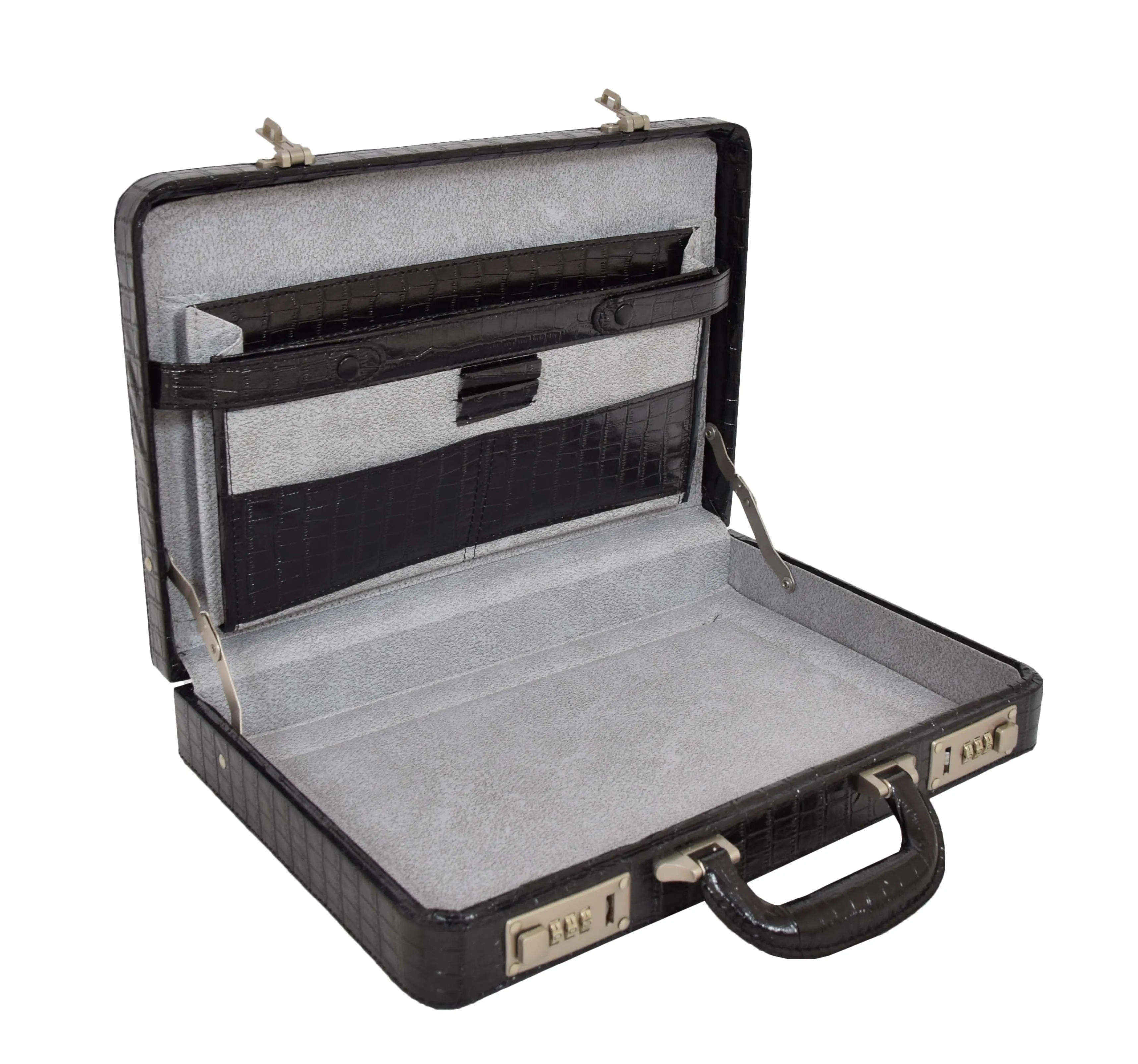 DR485 Croc Print Attache Small Briefcase Classic Faux Leather Bag Black