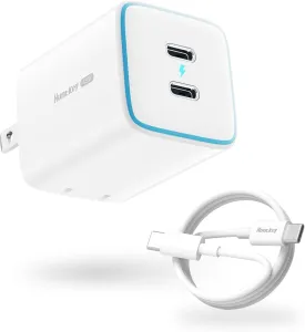 Dual USB C Chargers Foldable GaN Type C Charger Block with 5 Amp C to C Cable for iPhone 16/15 Pro Max/Galaxy S24 Ultra/S24 /S24/S23/Note 20/iPad