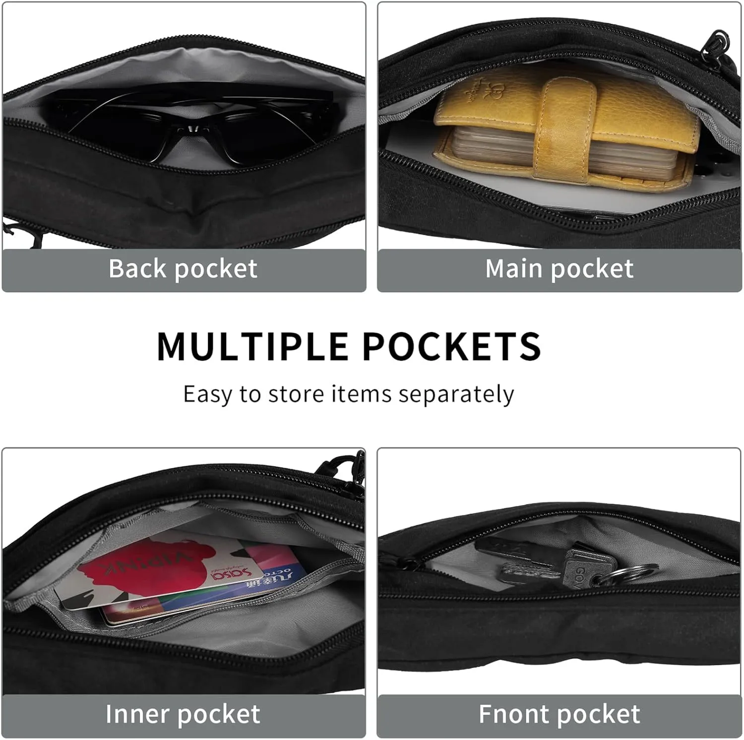 Fanny Pack for Men Women Crossbody, Waterproof Waist Pack Phone Holder with 4 Zipper Pockets Running Belt for Jogging Hiking Cycling Travel Fashion Adjustable Belt Bag (Black)