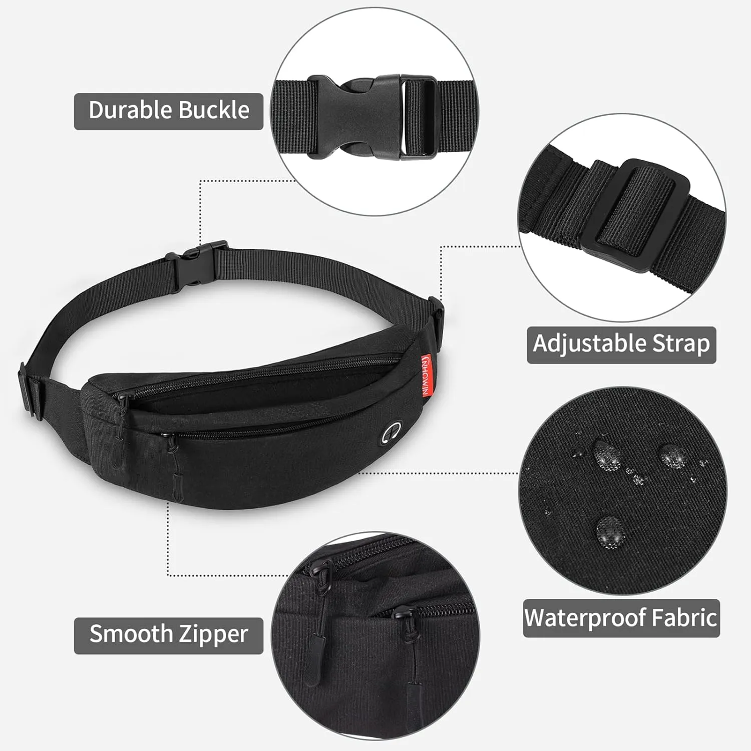 Fanny Pack for Men Women Crossbody, Waterproof Waist Pack Phone Holder with 4 Zipper Pockets Running Belt for Jogging Hiking Cycling Travel Fashion Adjustable Belt Bag (Black)