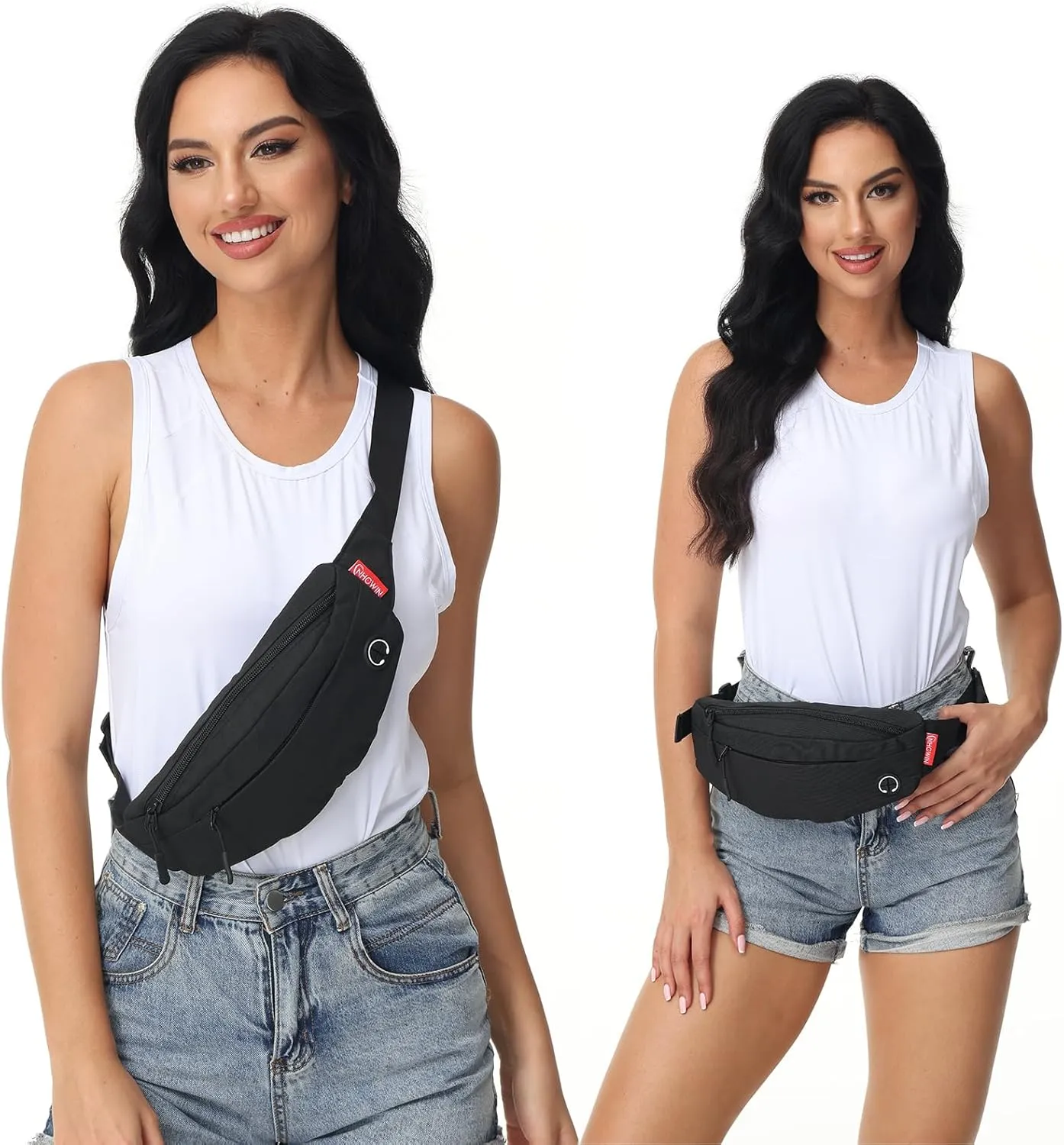 Fanny Pack for Men Women Crossbody, Waterproof Waist Pack Phone Holder with 4 Zipper Pockets Running Belt for Jogging Hiking Cycling Travel Fashion Adjustable Belt Bag (Black)