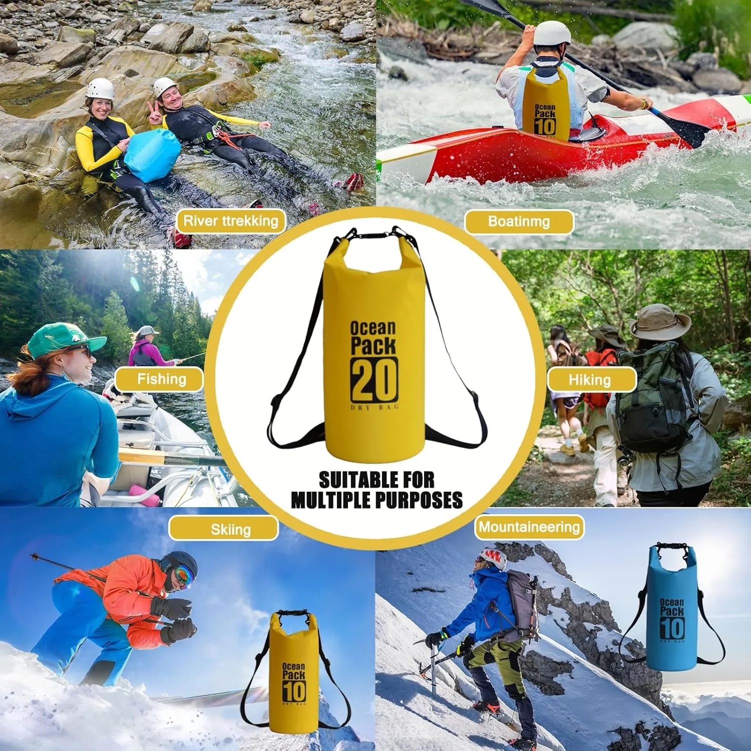 Floating Waterproof Dry Bag Backpack 5L/10L/20L, Roll Top Bag for Kayaking, Rafting, Boating, Swimming, Camping, Hiking, Beach, Fishing, Waterproof Beach Bag. (Yellow, 20L)