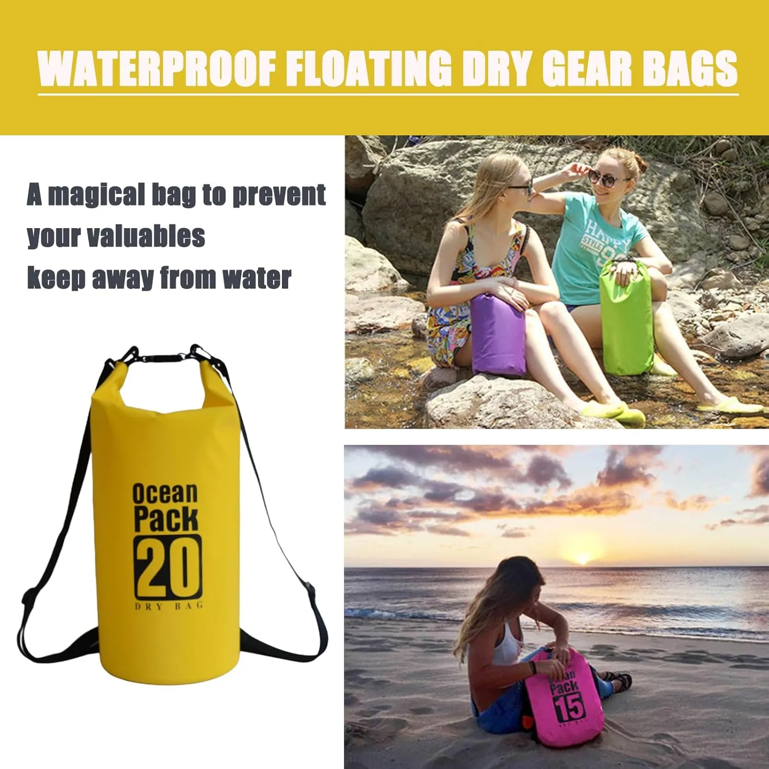 Floating Waterproof Dry Bag Backpack 5L/10L/20L, Roll Top Bag for Kayaking, Rafting, Boating, Swimming, Camping, Hiking, Beach, Fishing, Waterproof Beach Bag. (Yellow, 20L)