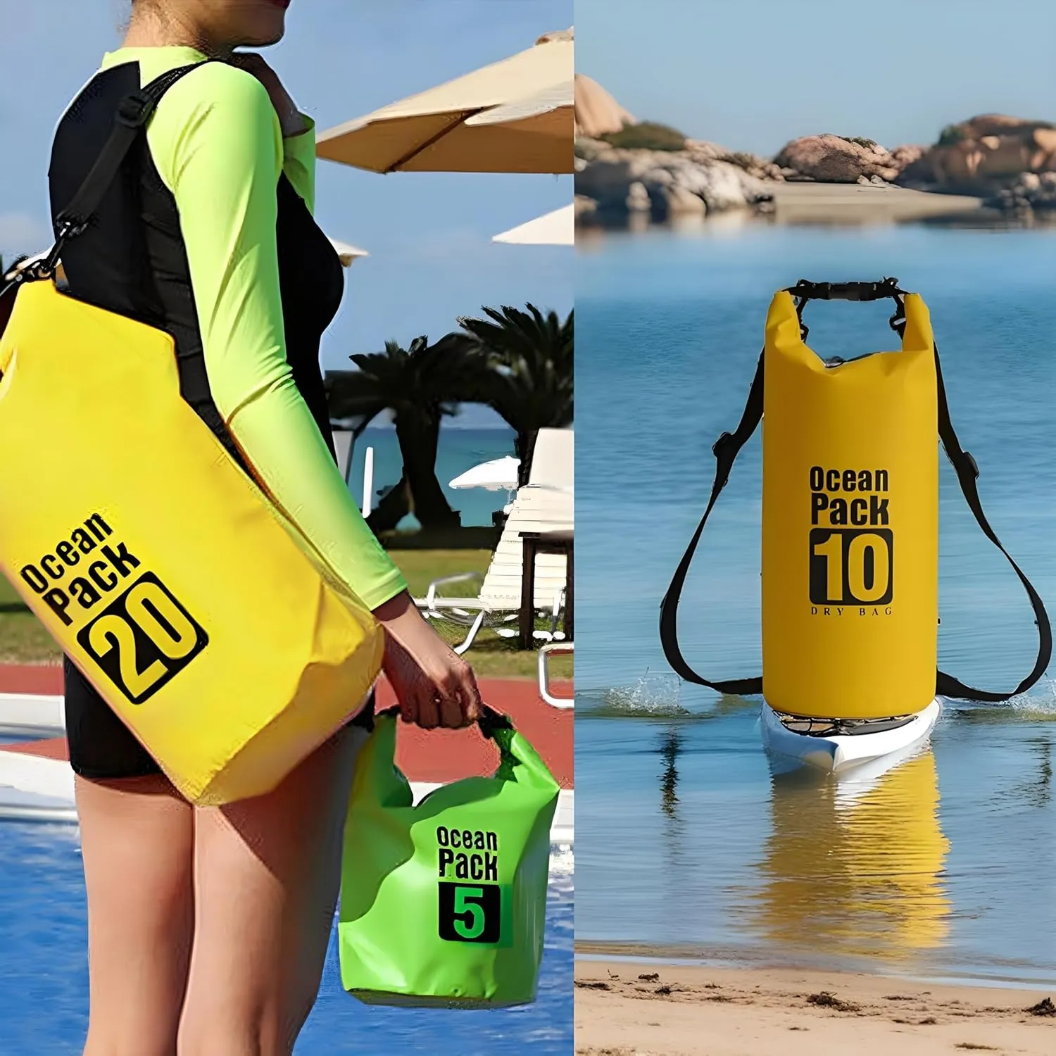 Floating Waterproof Dry Bag Backpack 5L/10L/20L, Roll Top Bag for Kayaking, Rafting, Boating, Swimming, Camping, Hiking, Beach, Fishing, Waterproof Beach Bag. (Yellow, 20L)