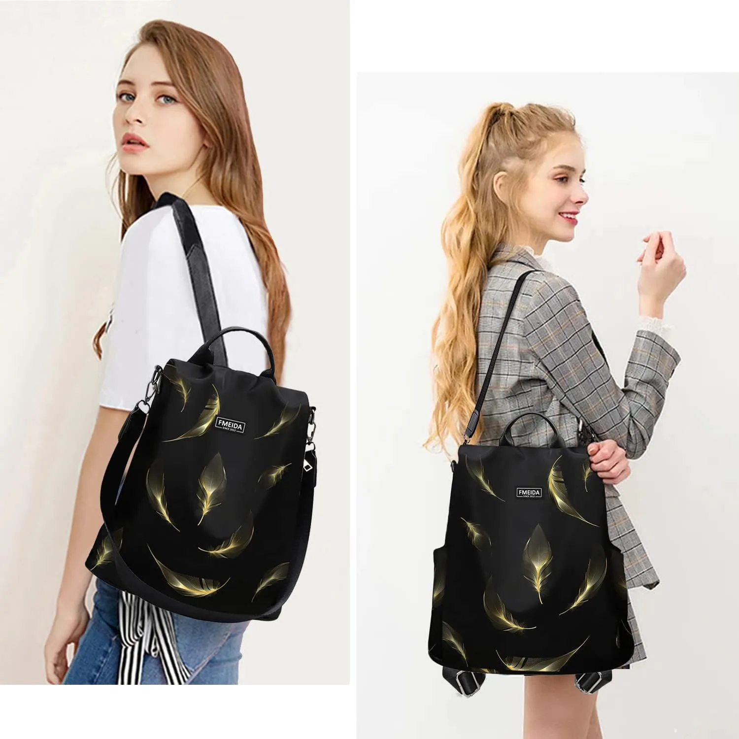 Fmeida Travel Backpack Purse for Women Anti Theft Convertible Backpacks Fashion Waterptoof Nylon Daypack Black Feather