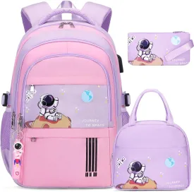 Girls' Backpack - Schoolbag for Kids & Teens, Waterproof & Lightweight, Elementary to Middle School, Casual Daypack with Lunch Bag Set