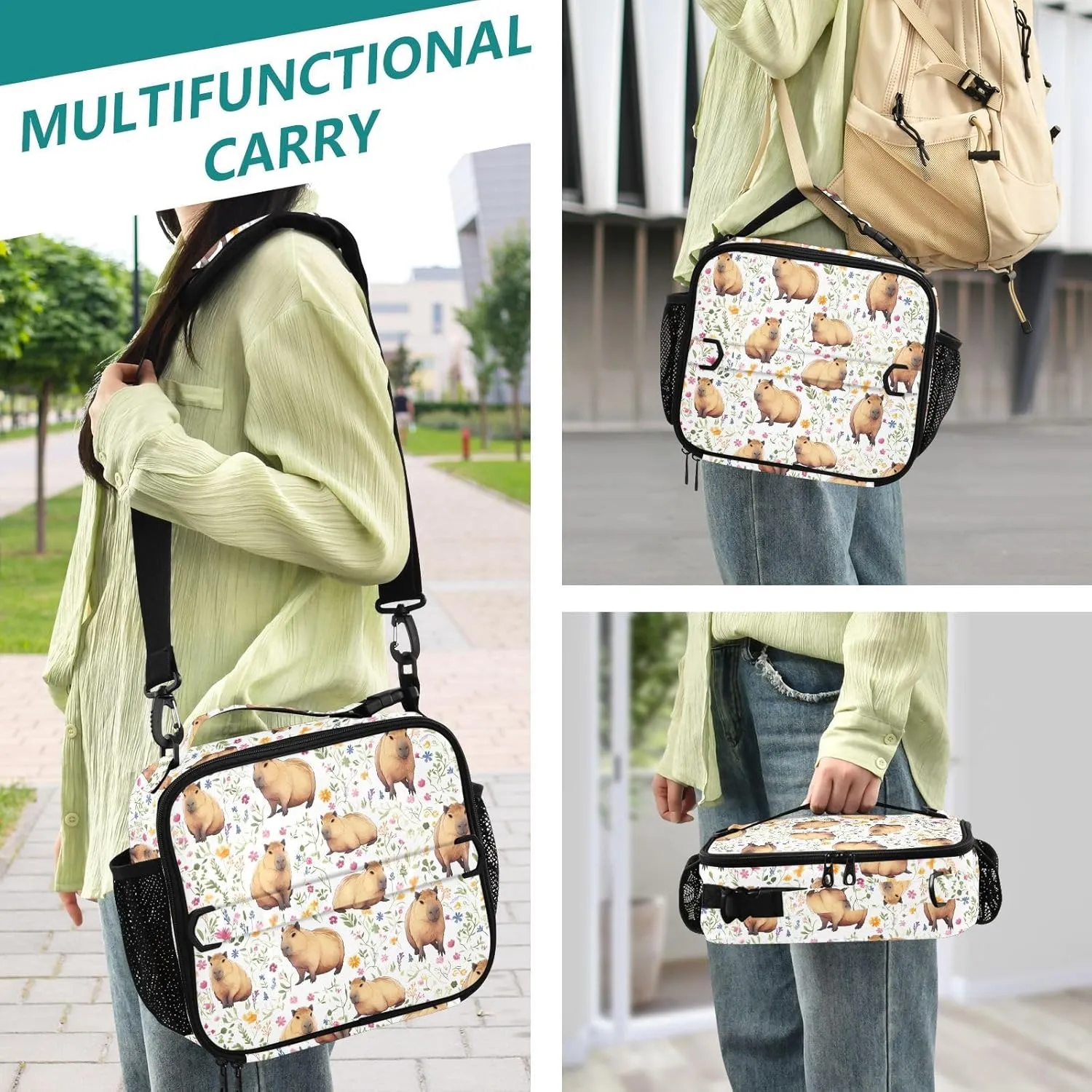 Guinea Pig Lunch Bag Floral Insulated Lunch Bag for Women Girls Reusable Lunch Box with Adjustable Shoulder Belt Portable Cooler Bag for School Travel Office Picnic