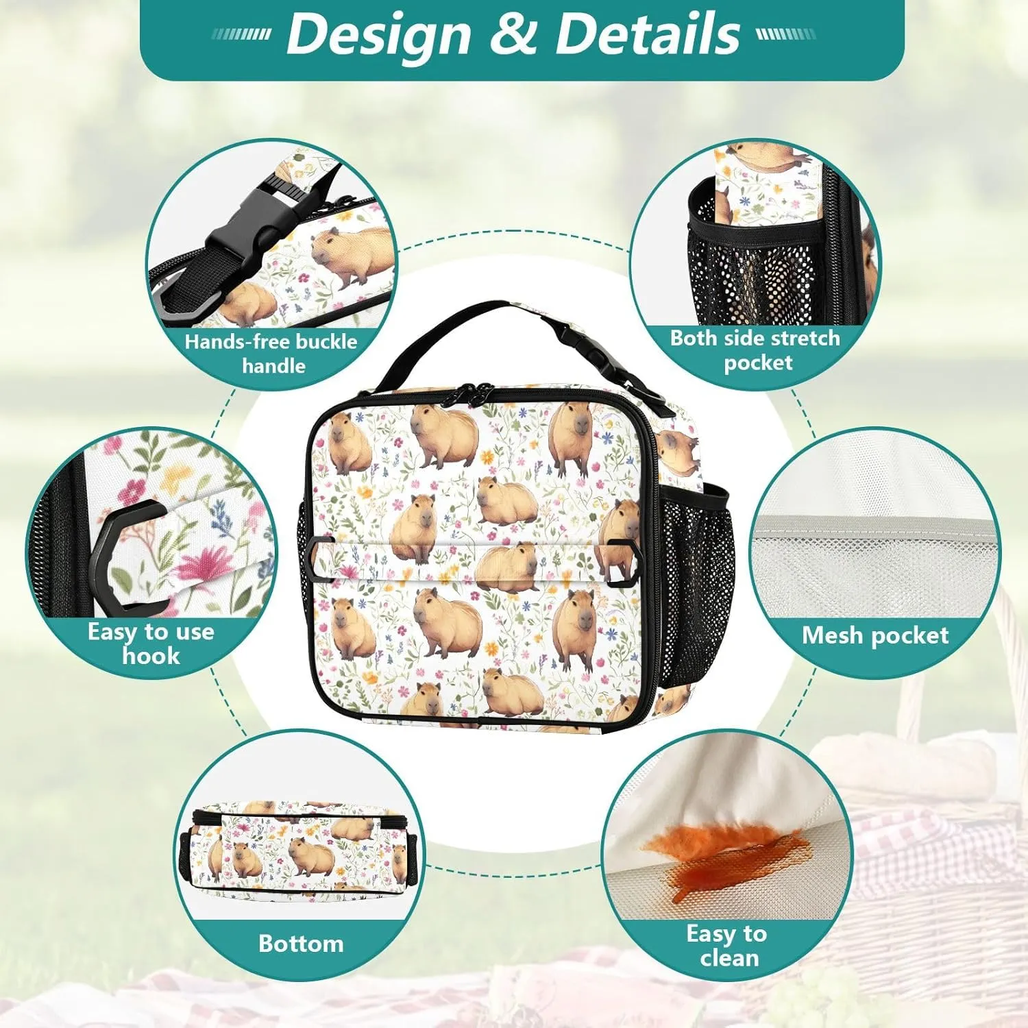 Guinea Pig Lunch Bag Floral Insulated Lunch Bag for Women Girls Reusable Lunch Box with Adjustable Shoulder Belt Portable Cooler Bag for School Travel Office Picnic