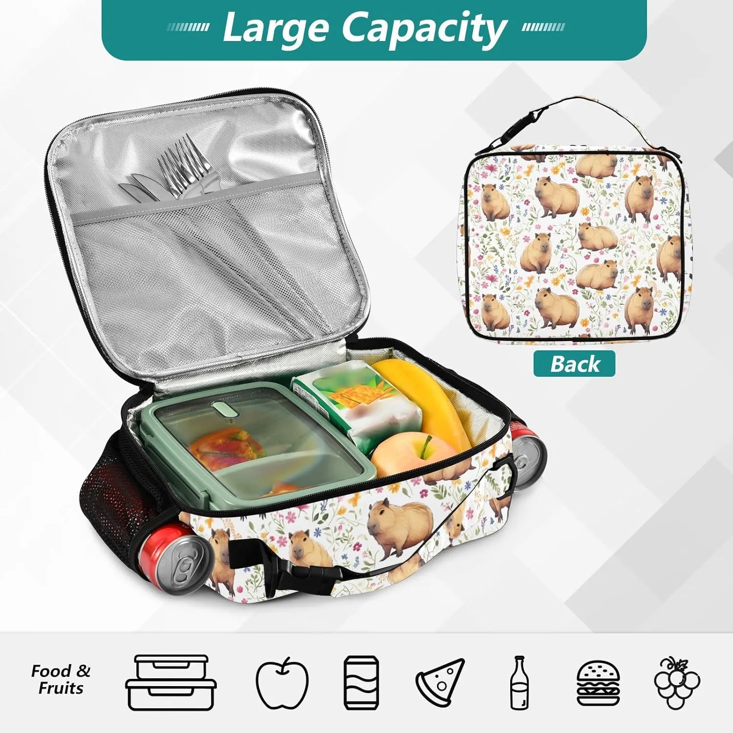 Guinea Pig Lunch Bag Floral Insulated Lunch Bag for Women Girls Reusable Lunch Box with Adjustable Shoulder Belt Portable Cooler Bag for School Travel Office Picnic