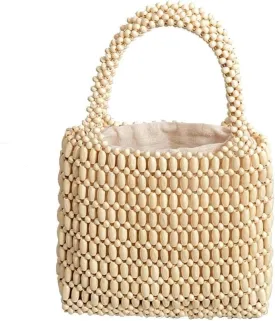 Handmade Woven Bucket Drawstring Handbag Bohe Clutch Summer Beach Wooden Bead Retro Handwoven Tote for Women