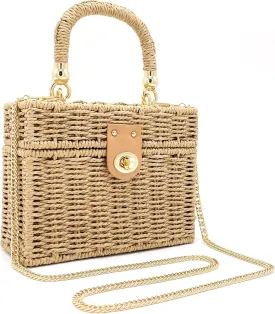 Handwoven Rattan Bag for women-Wicker Woven Square Crossbody vintage Chic Casual Beach Boho Tote Bag with tassel Ornaments