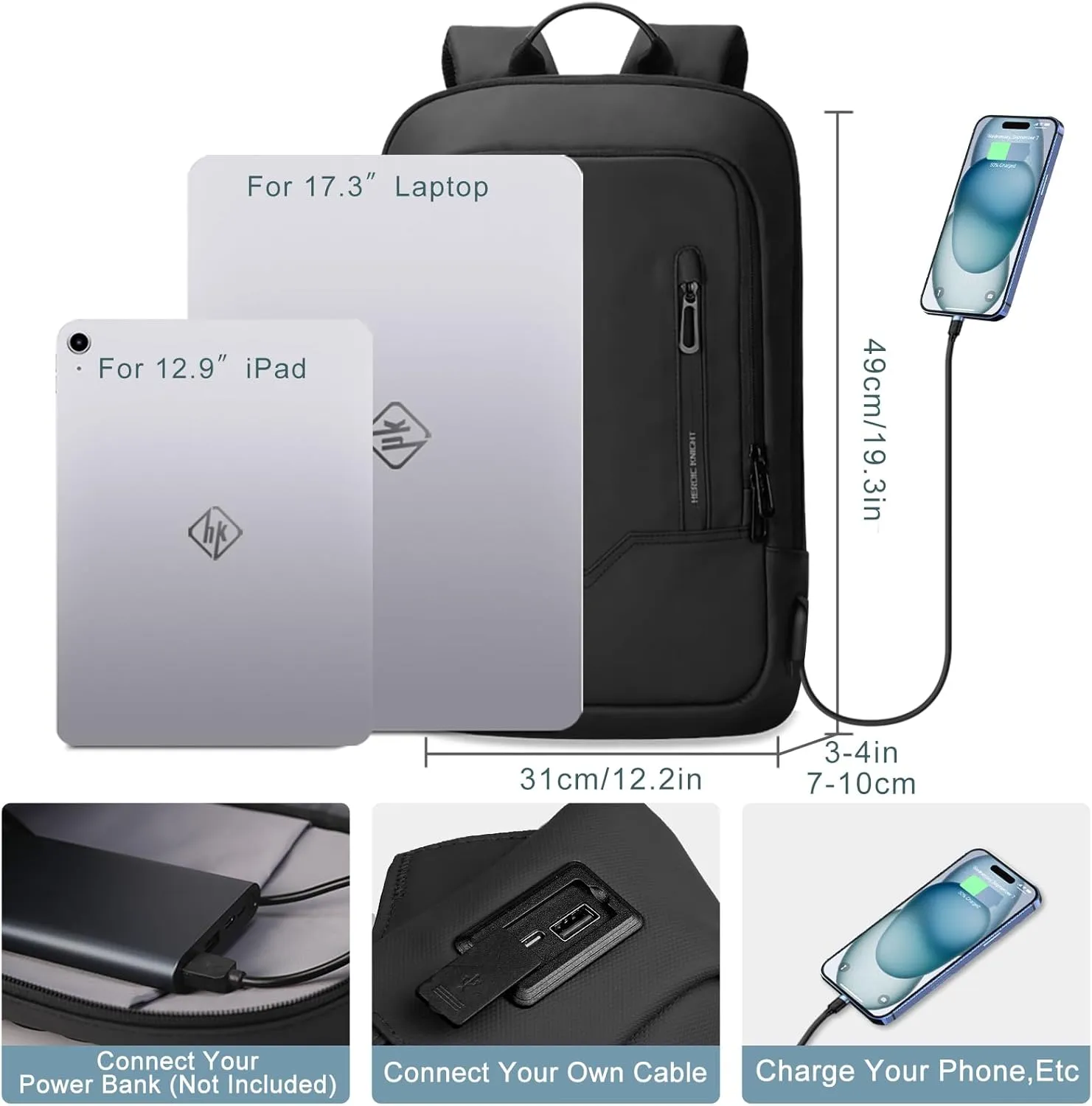 hk Backpack for Men Business Slim Backpack with USB Charger Computer Lightweight Anti-theft Travel Backpacks 17.3 inch Water Resistant Laptop Bag for Work Office College-Black