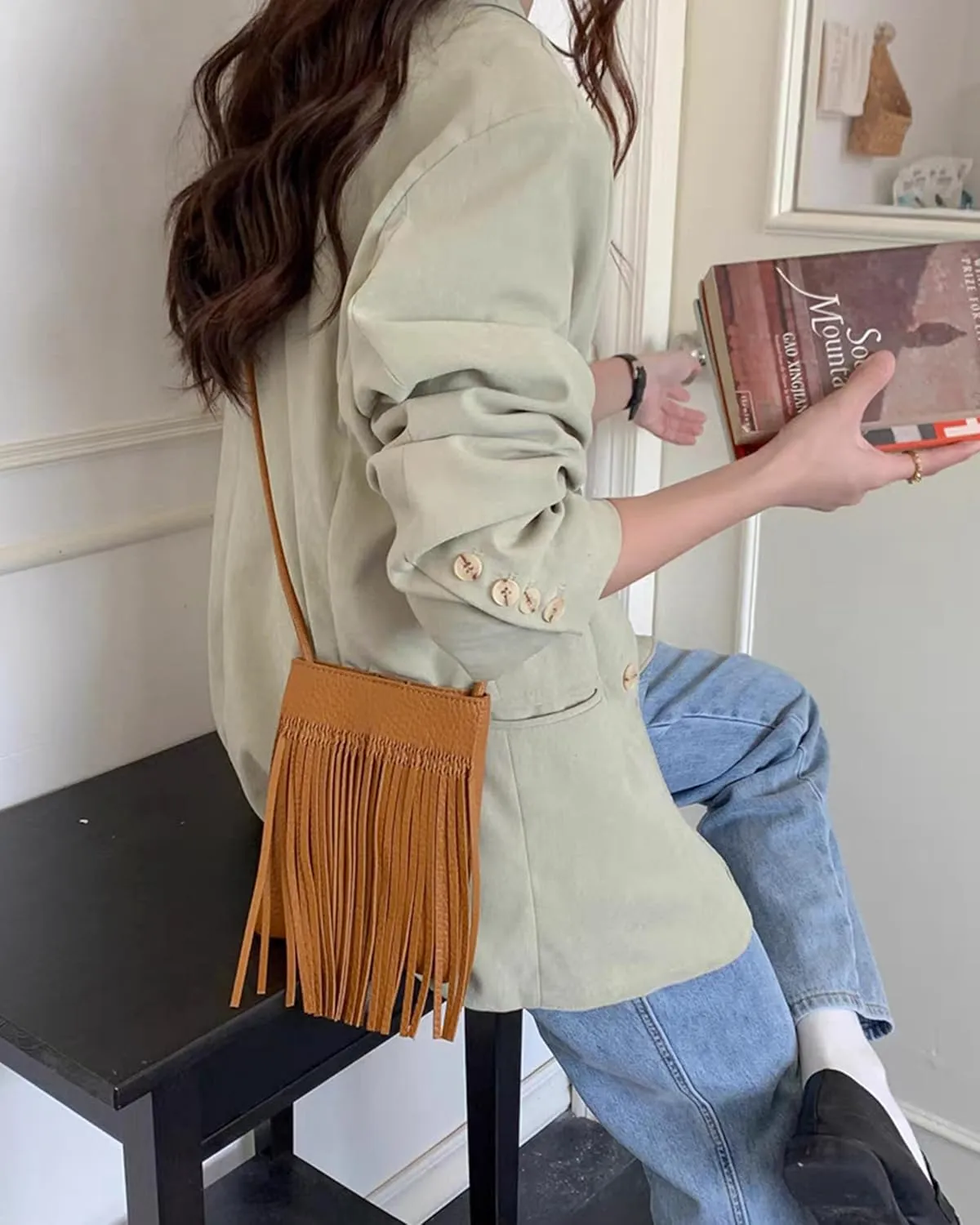 Hoce Womens Leather Fringe Messenger Bag Large Hobo Crossbody Tassel Shoulder Bags, Gift for Mom Wife Girlfriend