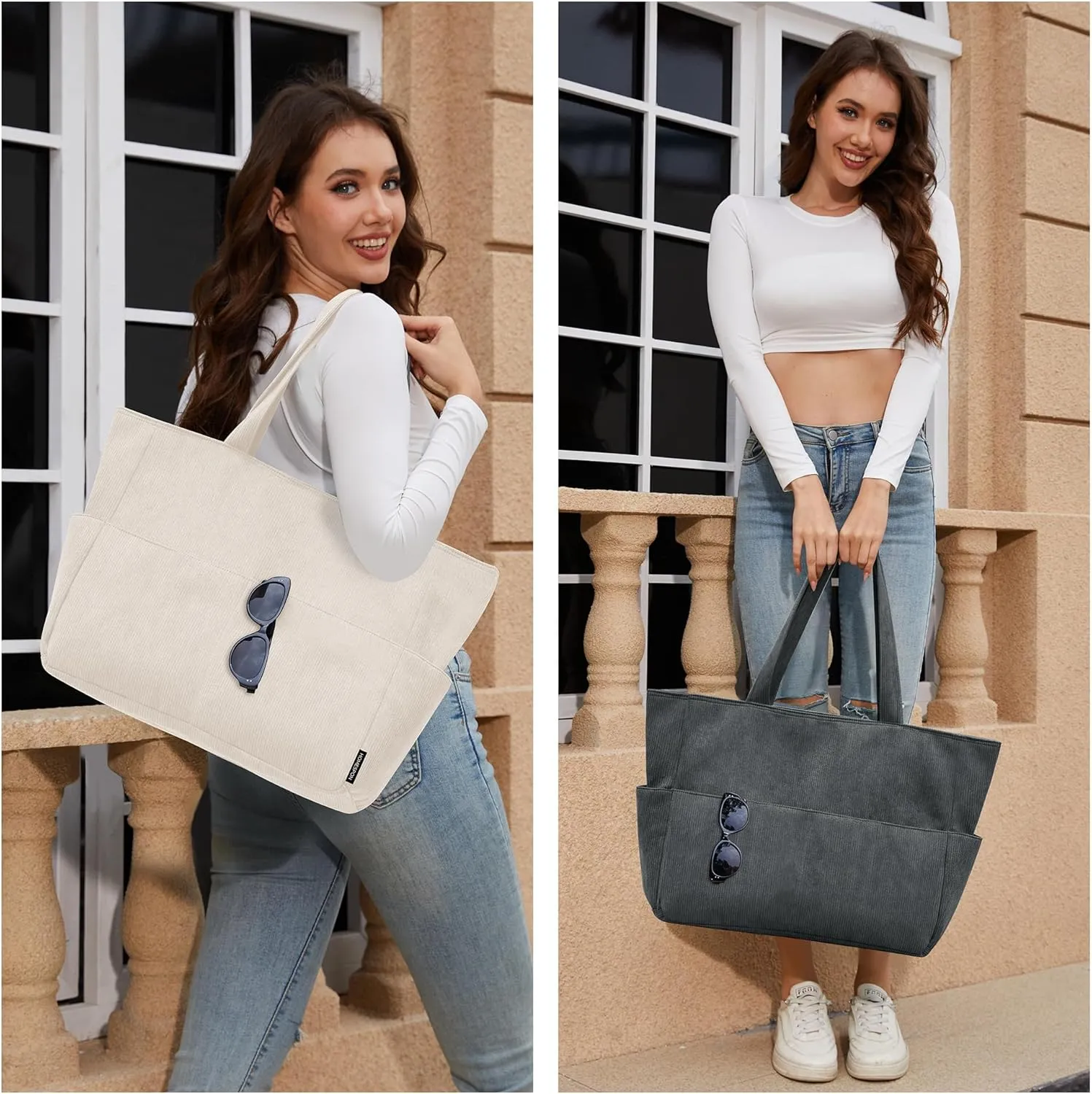 HOMESPON Large Corduroy Tote Bag for Women Everyday Shoulder Bag with Pockets and Zipper for Work Travel Vacation