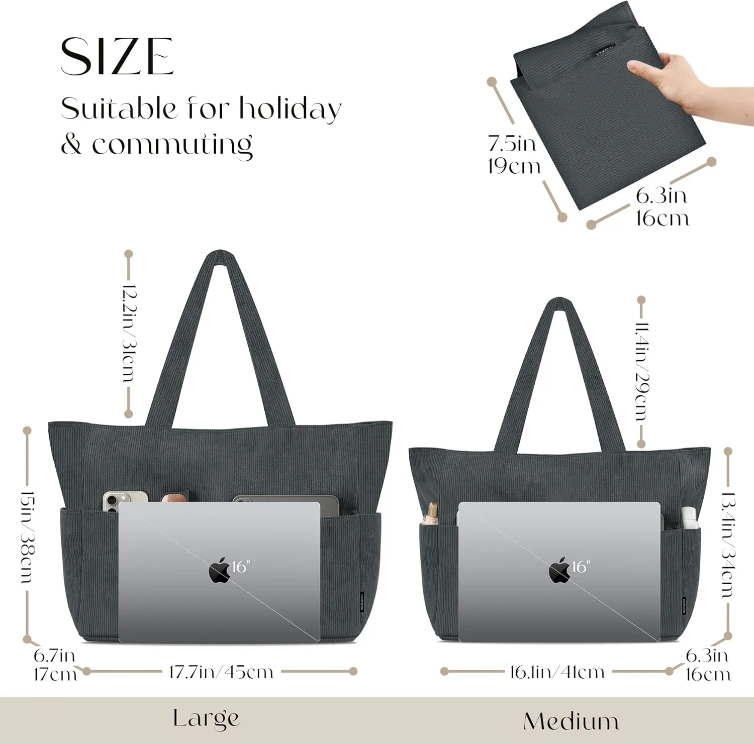 HOMESPON Large Corduroy Tote Bag for Women Everyday Shoulder Bag with Pockets and Zipper for Work Travel Vacation