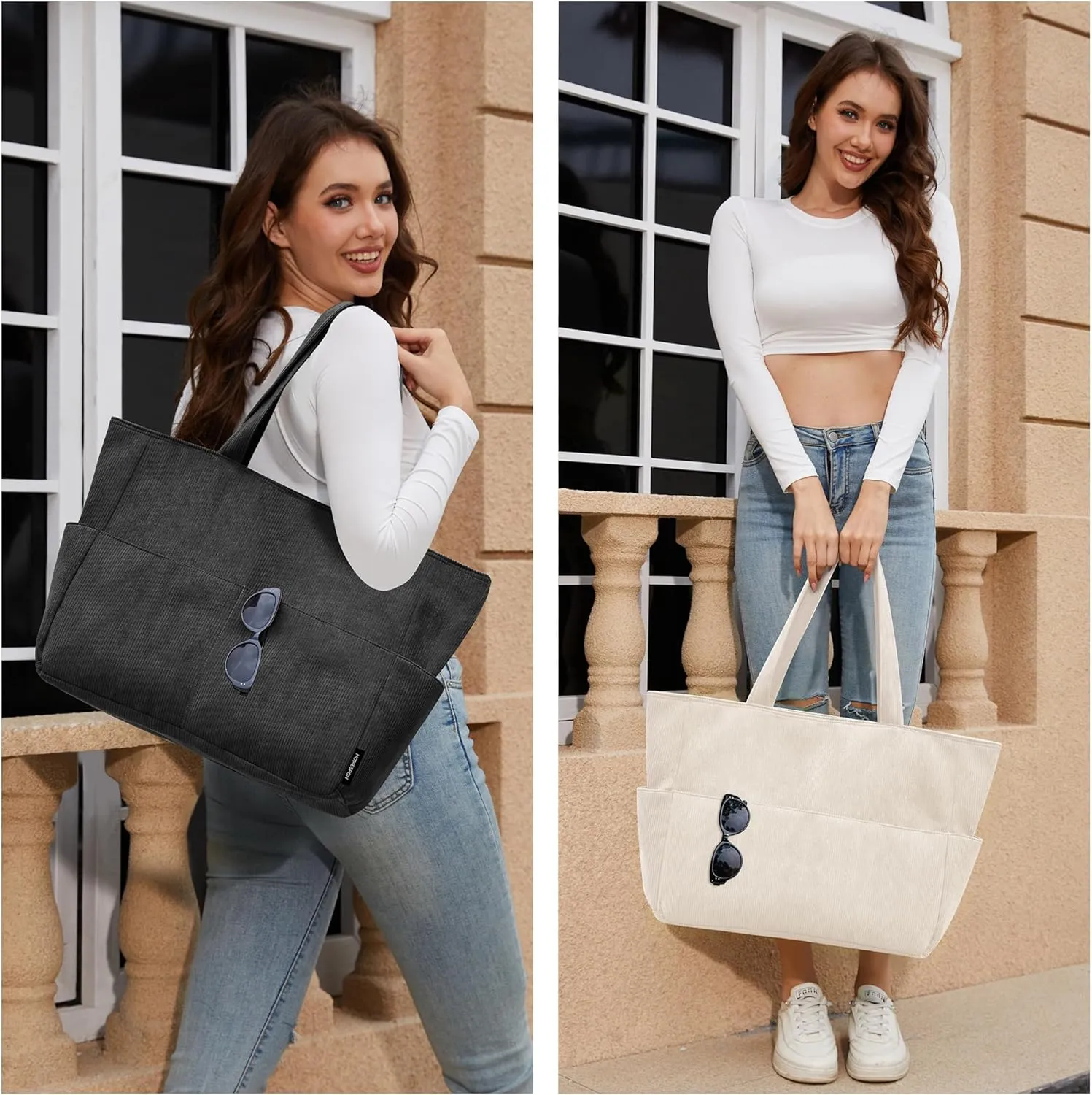 HOMESPON Large Corduroy Tote Bag for Women Everyday Shoulder Bag with Pockets and Zipper for Work Travel Vacation
