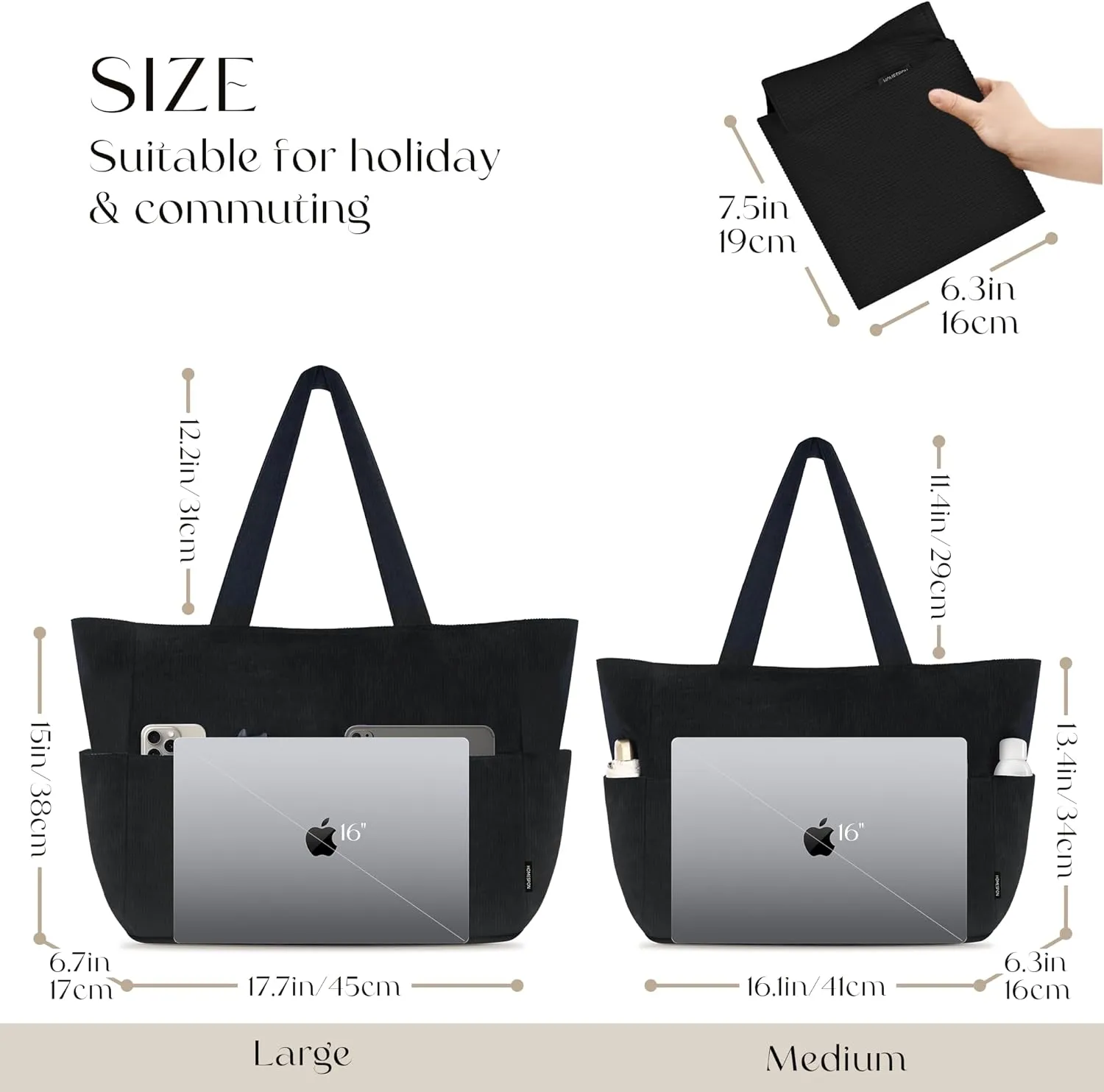 HOMESPON Large Corduroy Tote Bag for Women Everyday Shoulder Bag with Pockets and Zipper for Work Travel Vacation