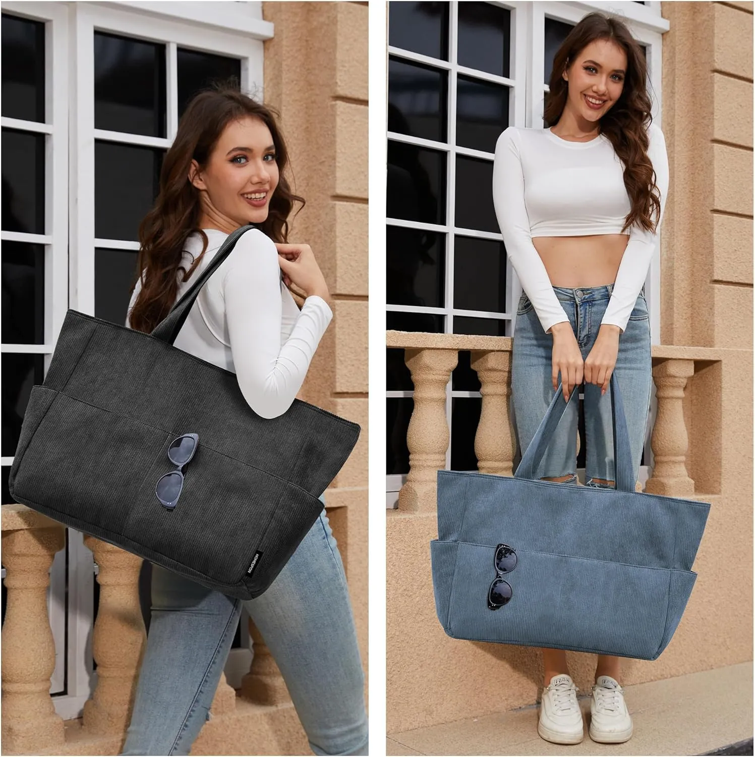 HOMESPON Large Corduroy Tote Bag for Women Everyday Shoulder Bag with Pockets and Zipper for Work Travel Vacation