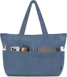 HOMESPON Large Corduroy Tote Bag for Women Everyday Shoulder Bag with Pockets and Zipper for Work Travel Vacation