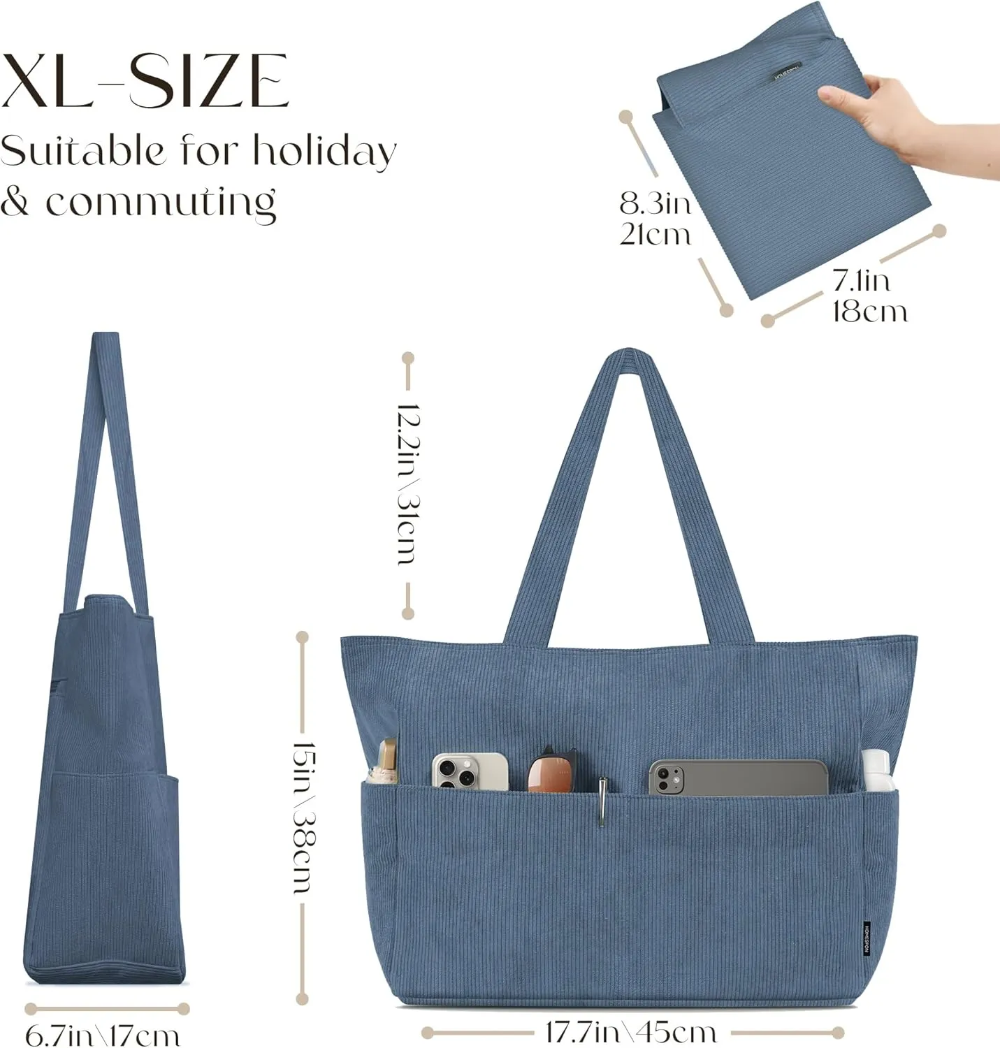 HOMESPON Large Corduroy Tote Bag for Women Everyday Shoulder Bag with Pockets and Zipper for Work Travel Vacation