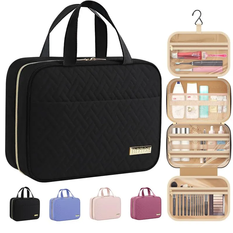 HOTOR Travel Toiletry Bag w/Hanging Hook - Spacious Toiletry Bag Essentials for Women & Men, Makeup Bag/Big Comparment, Waterproof for Travel Accessories, Large, Black