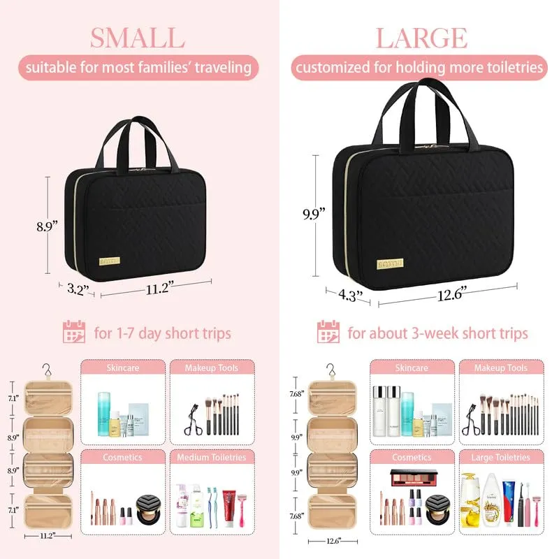 HOTOR Travel Toiletry Bag w/Hanging Hook - Spacious Toiletry Bag Essentials for Women & Men, Makeup Bag/Big Comparment, Waterproof for Travel Accessories, Large, Black