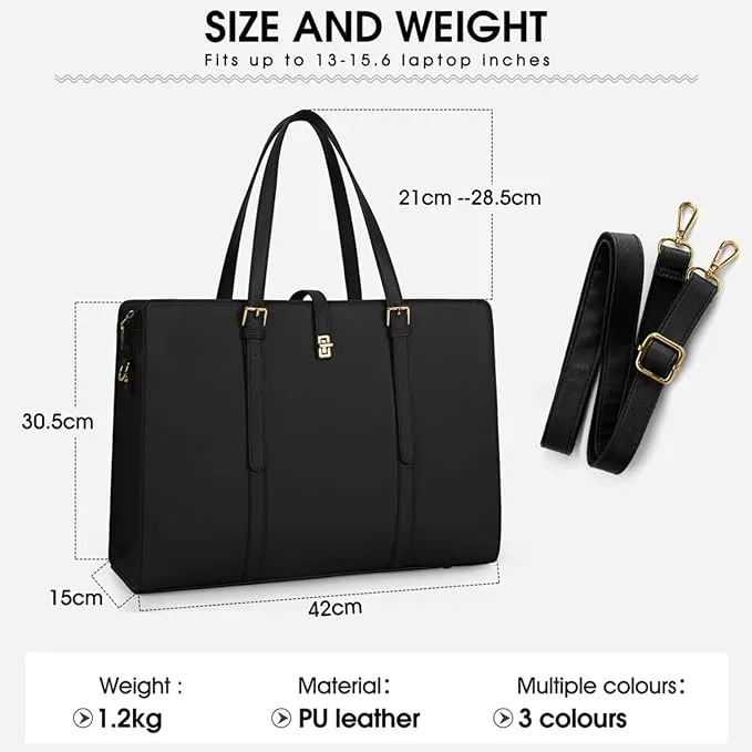 IGOLUMON Laptop Bags for Women 15.6 Inch Ladies Tote Bag Large Leather Black Laptop Handbag Designer Work Shoulder Bag