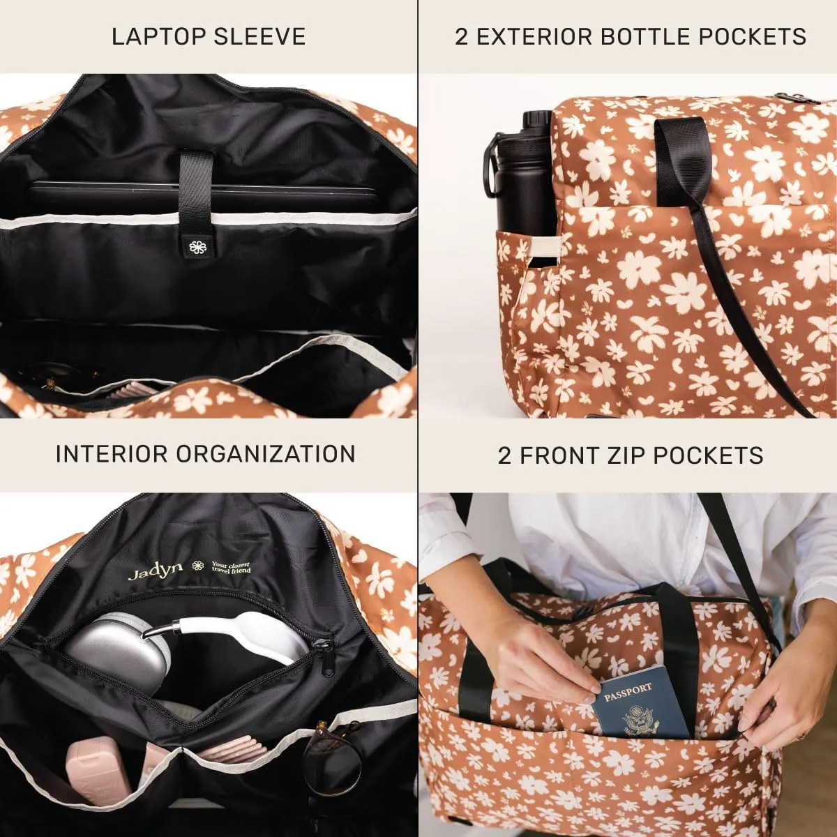 Jadyn Austin Carry-On Travel Duffel Bag for Women, 18 Weekender Bag with Laptop Sleeve, Durable Material, and Trolley Sleeve, Ideal for Work, Gym, and Overnight Trips (Terracotta Blossom)
