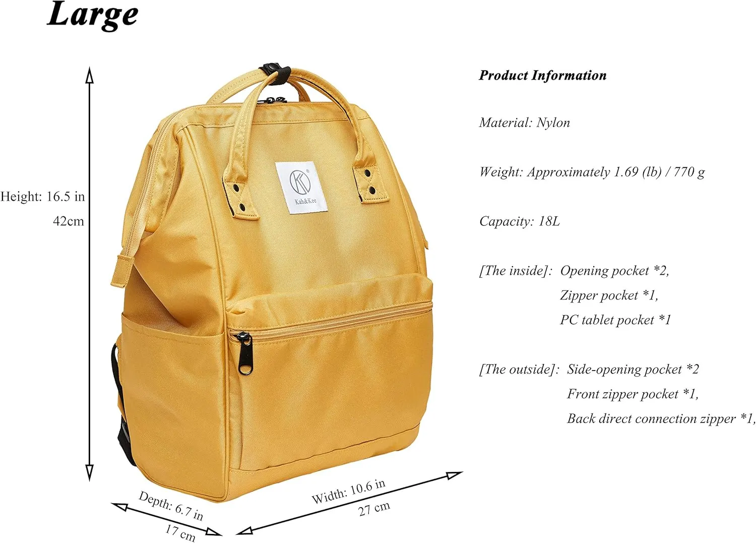 Kah&Kee Polyester Travel Backpack Functional Anti-theft School Laptop for Women Men (Yellow, Medium)