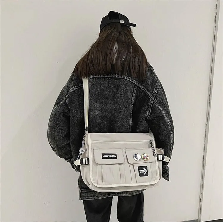 Kawaii Crossbody Bag with cute Pin and Pendant, Lightweight Japanese Messenger Bags Y2K Shoulder Bag for Women Men
