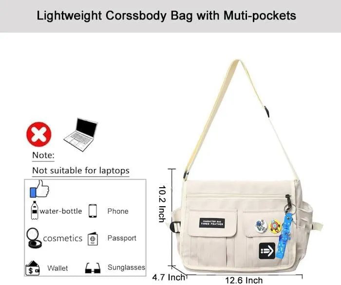 Kawaii Crossbody Bag with cute Pin and Pendant, Lightweight Japanese Messenger Bags Y2K Shoulder Bag for Women Men
