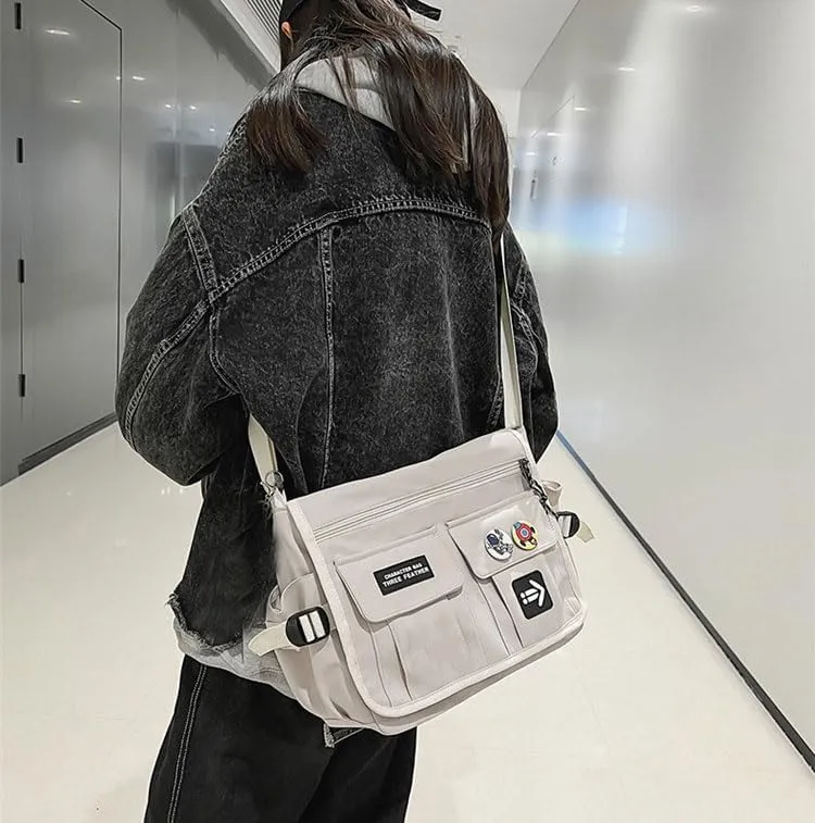 Kawaii Crossbody Bag with cute Pin and Pendant, Lightweight Japanese Messenger Bags Y2K Shoulder Bag for Women Men