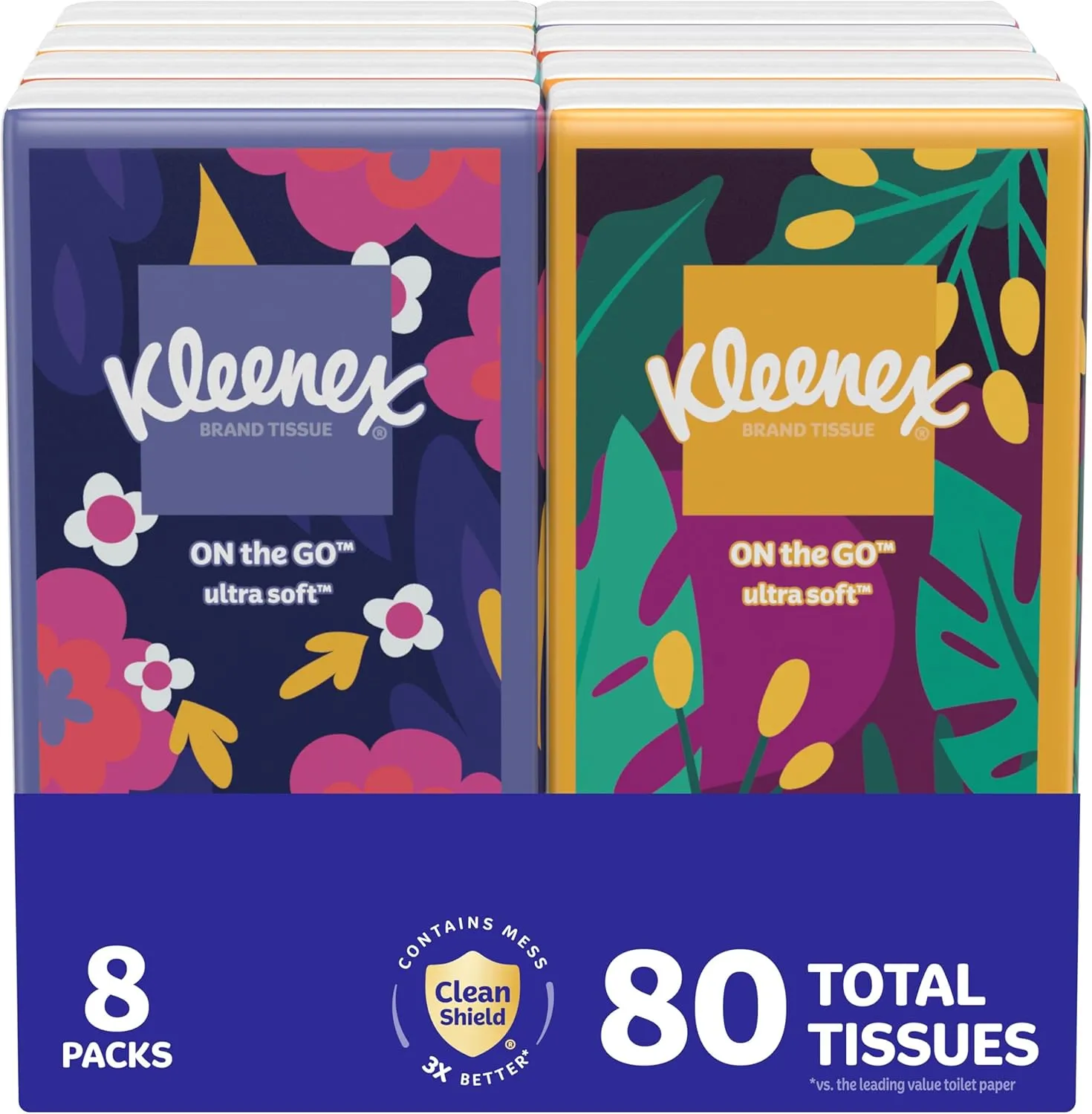 Kleenex On-The-Go Facial Tissues, 8 On-The-Go Packs, 10 Tissues per Box, 3-Ply (80 Total Tissues), Packaging May Vary